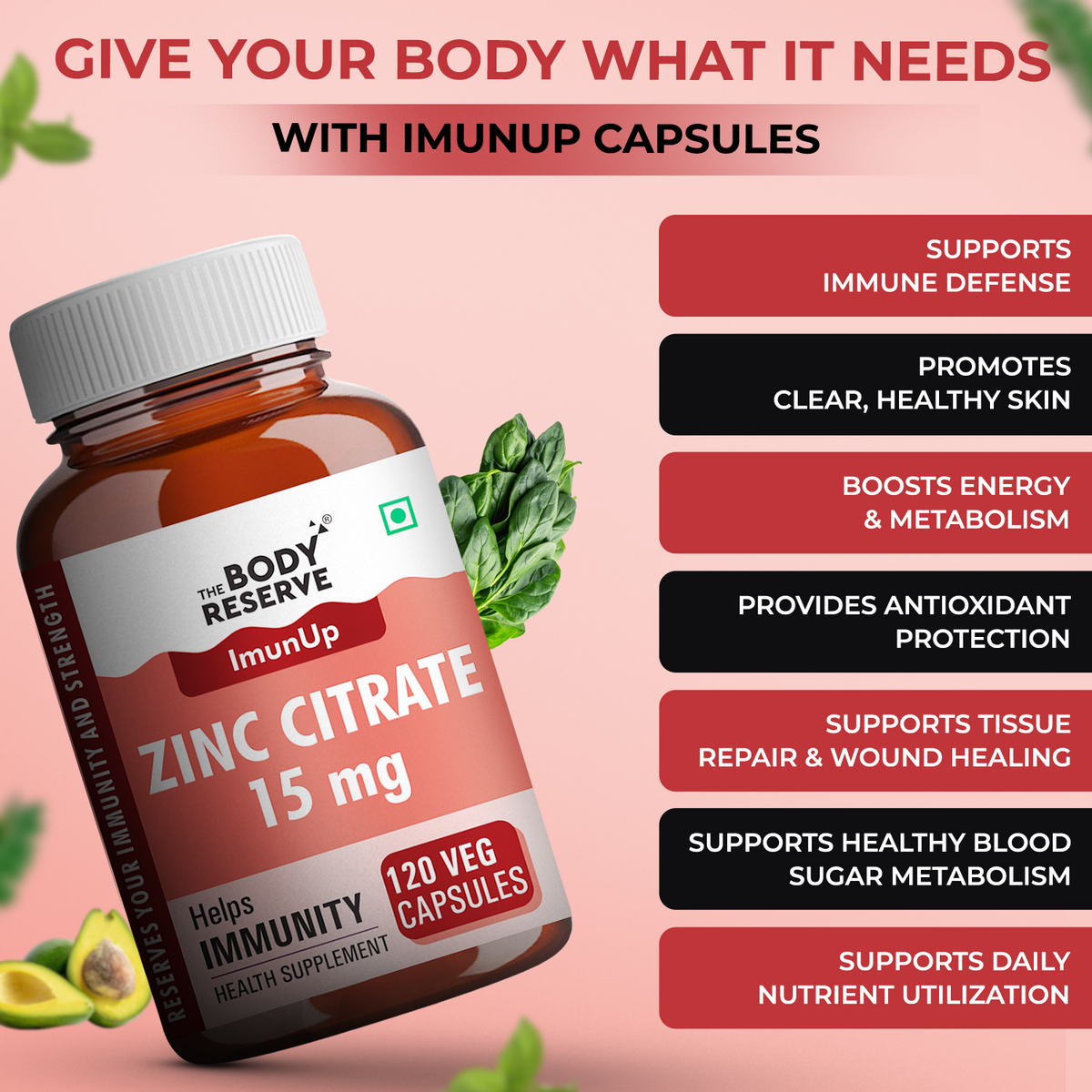 Zinc Citrate – 120 Veg Capsules for women & men - High Absorption Zinc