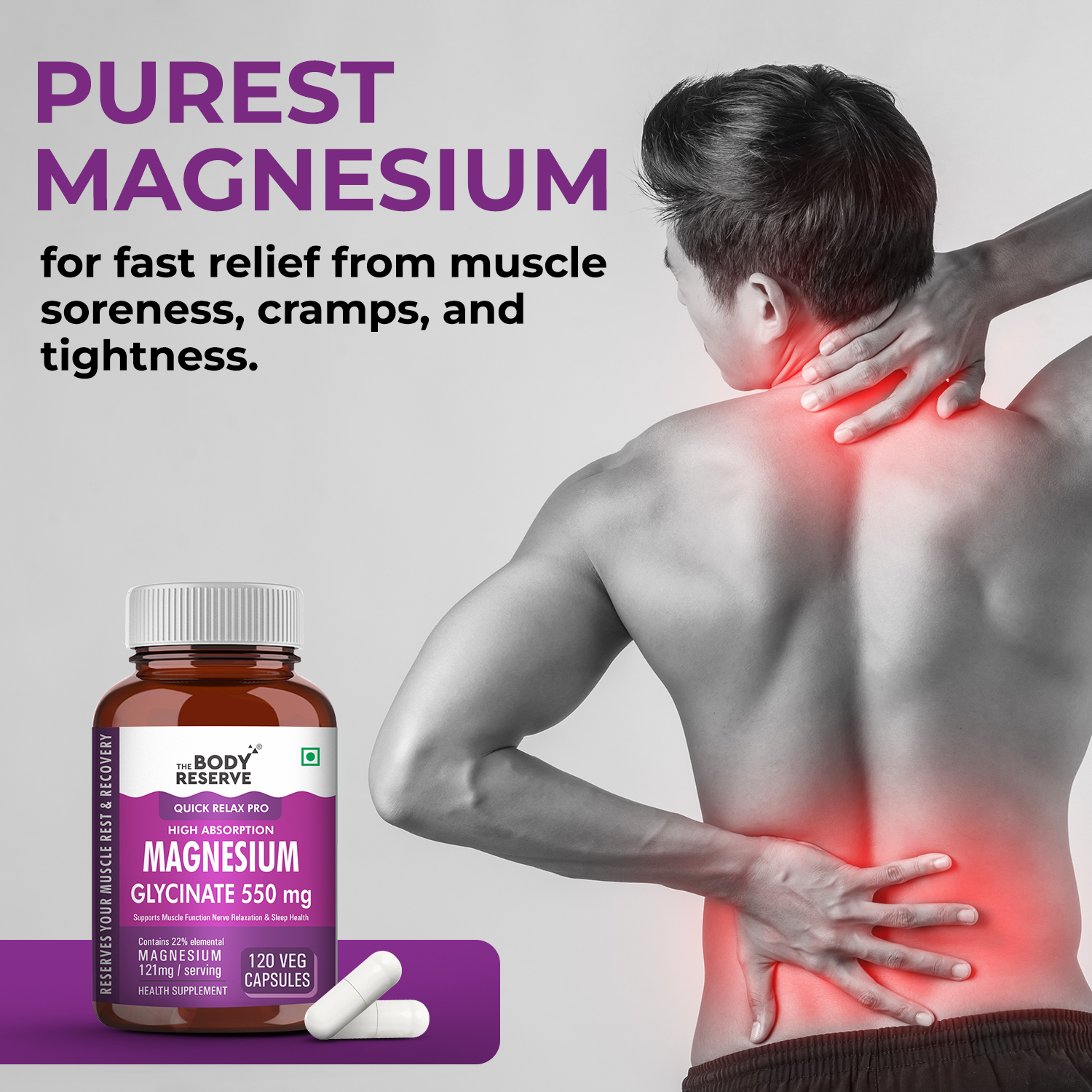 The Body Reserve Magnesium Glycinate Supplement - 120 Veg Tablets, 550mg Per Serving, High Absorption Chelated Form - Supports Muscle & Nerve Health, Promotes Relaxation for Men & Women