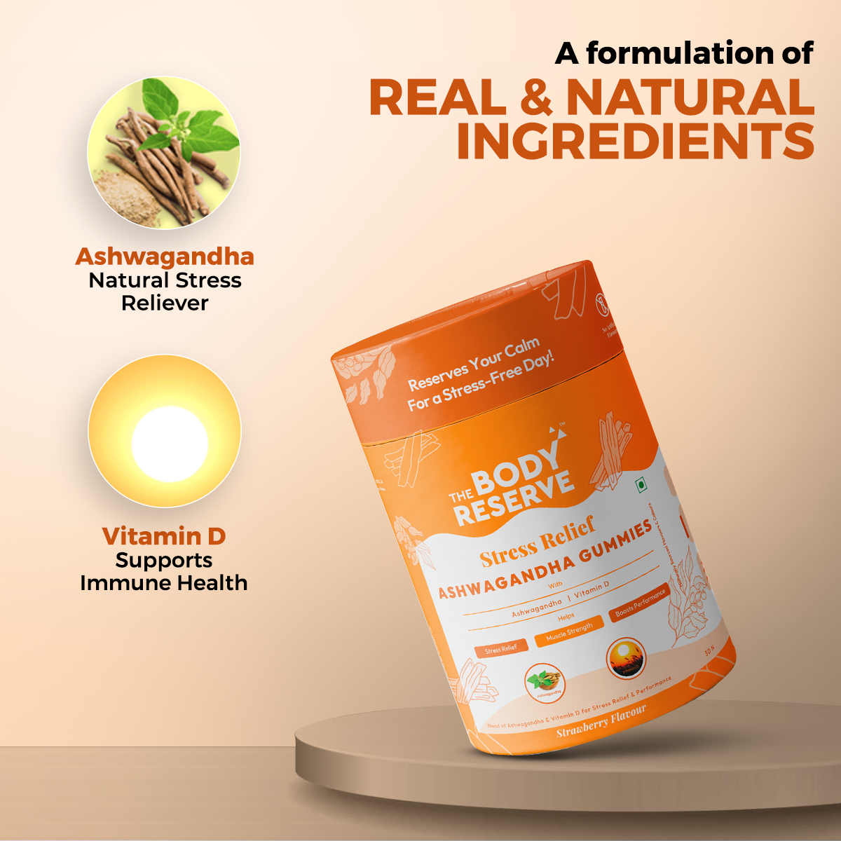 The Body Reserve Strawberry Flavour Ashwagandha Gummies with Natural, Potent Ashwagandha and Vitamin D for Men Women Help reduce Stress, Anxiety and improve Sleep (Pack of 2, 60 Count)