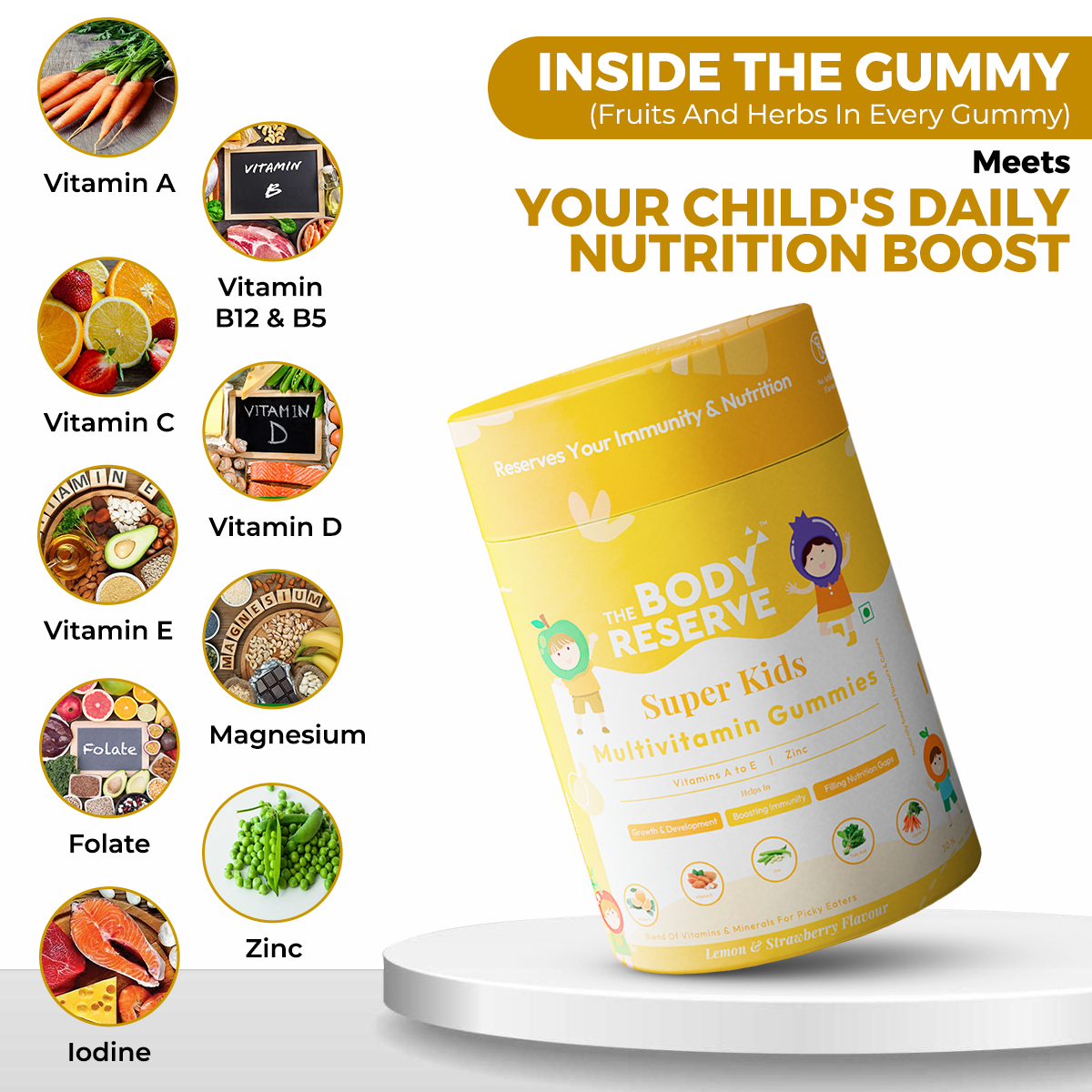 The Body Reserve Super Kids Multivitamin Daily Essential Vitamins B C D E B12 & Zinc for Kids Growth Development Strong Bones Teeth & Immunity Lemon & Strawberry Flavoured 90 Gummies (Pack of 3)