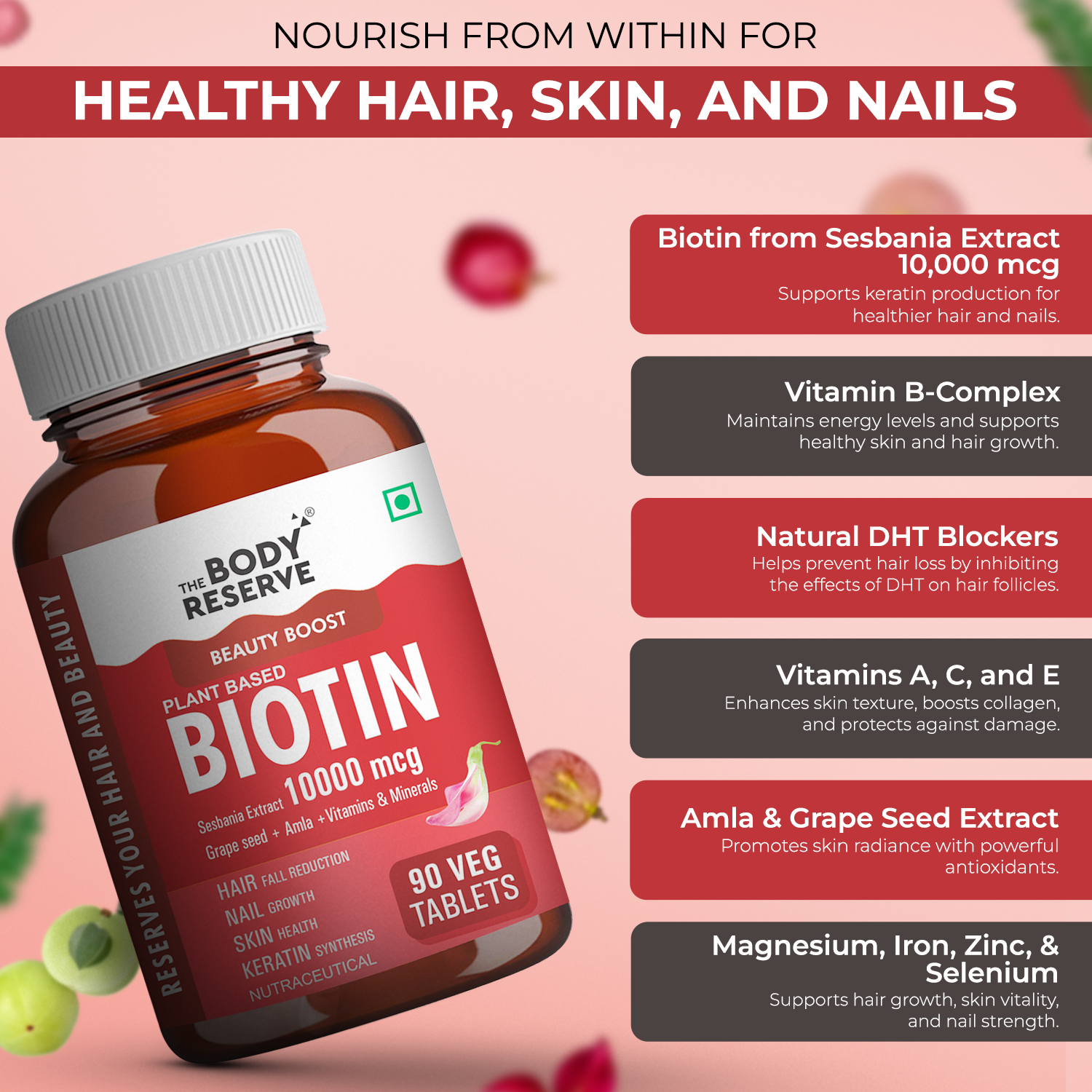 The Body Reserve Plant-Based Biotin Tablets - 90 Veg Tablets, Biotin from Sesbania Extract with Amla & Grapeseed - Supports Hair, Skin, and Nails - For Men & Women