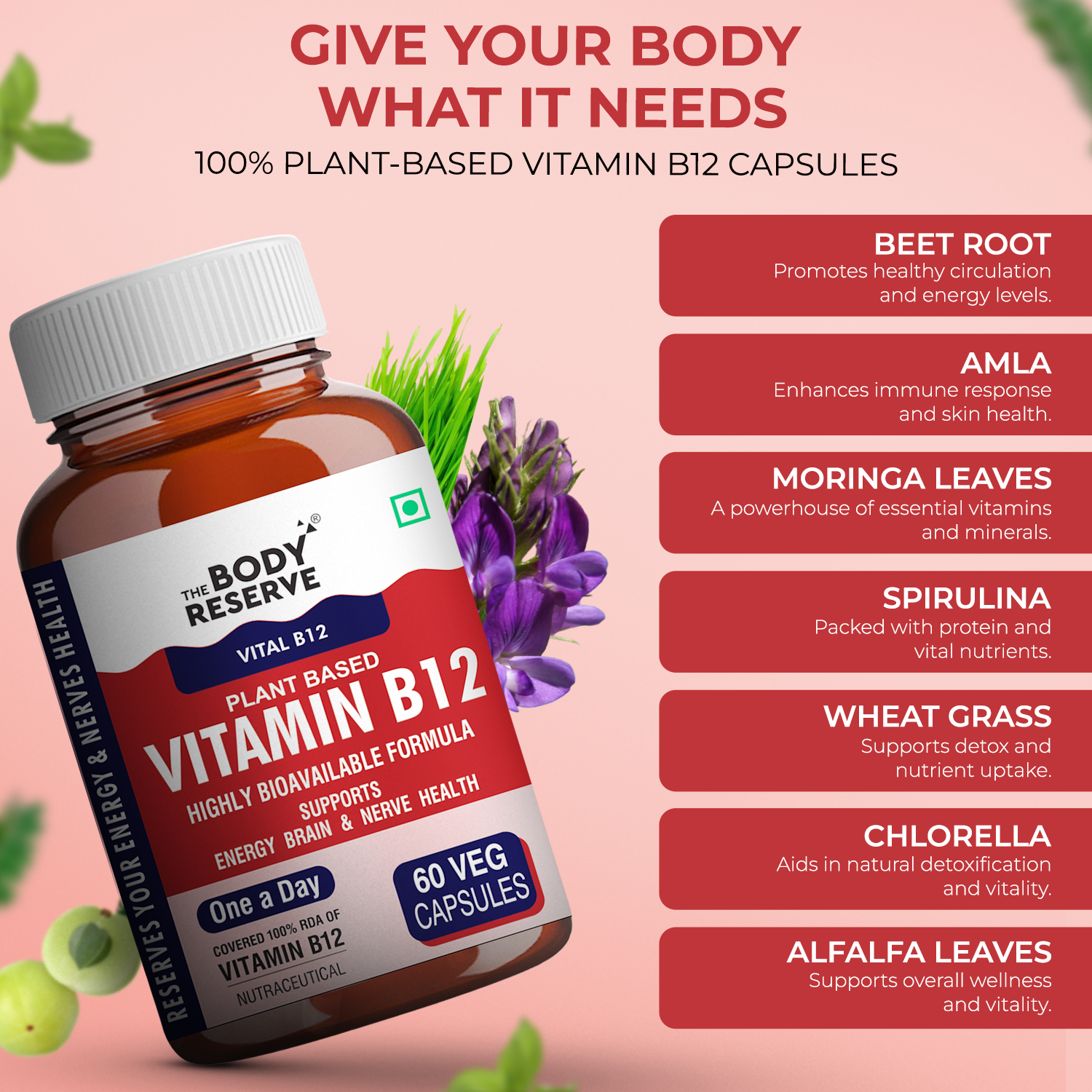 The Body Reserve Plant Based Vitamin B12 Supplement For Men & Women 60 Capsules  Organic Vitamin B12 For Nerve And Brain Health Vegan Capsules, Daily One 60 Days Pack