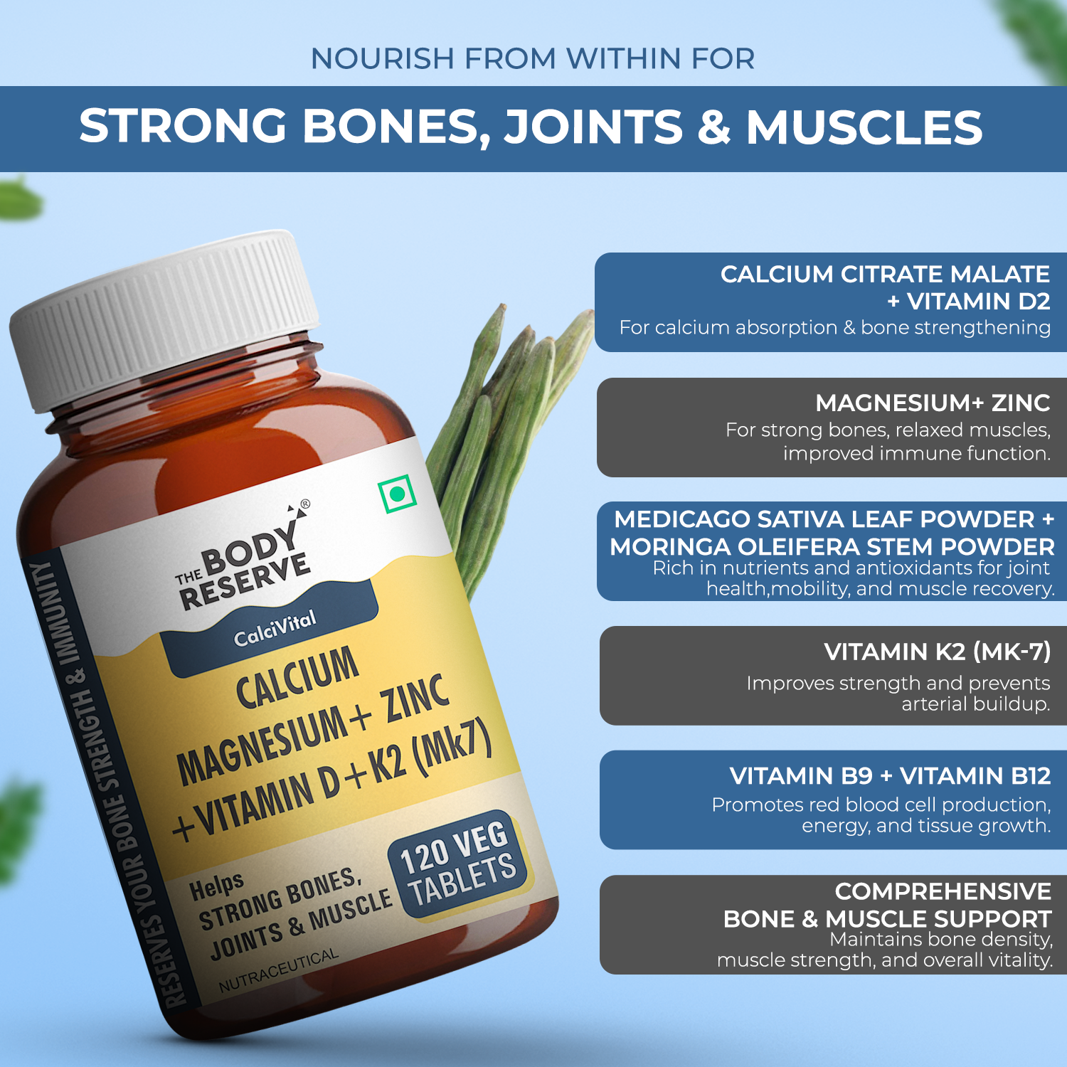 The Body Reserve Calcium, Magnesium, Zinc with Vitamin K2, MK7 & B12 – 120 Tablets for Bone & Joint Health (4-Month Pack)