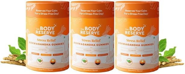 The Body Reserve Strawberry Flavour Ashwagandha Gummies with Natural, Potent Ashwagandha and Vitamin D for Men Women Help reduce Stress, Anxiety and improve Sleep (Pack of 3, 90 Count)