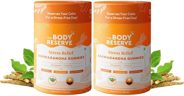 The Body Reserve Strawberry Flavour Ashwagandha Gummies with Natural, Potent Ashwagandha and Vitamin D for Men Women Help reduce Stress, Anxiety and improve Sleep (Pack of 2, 60 Count)