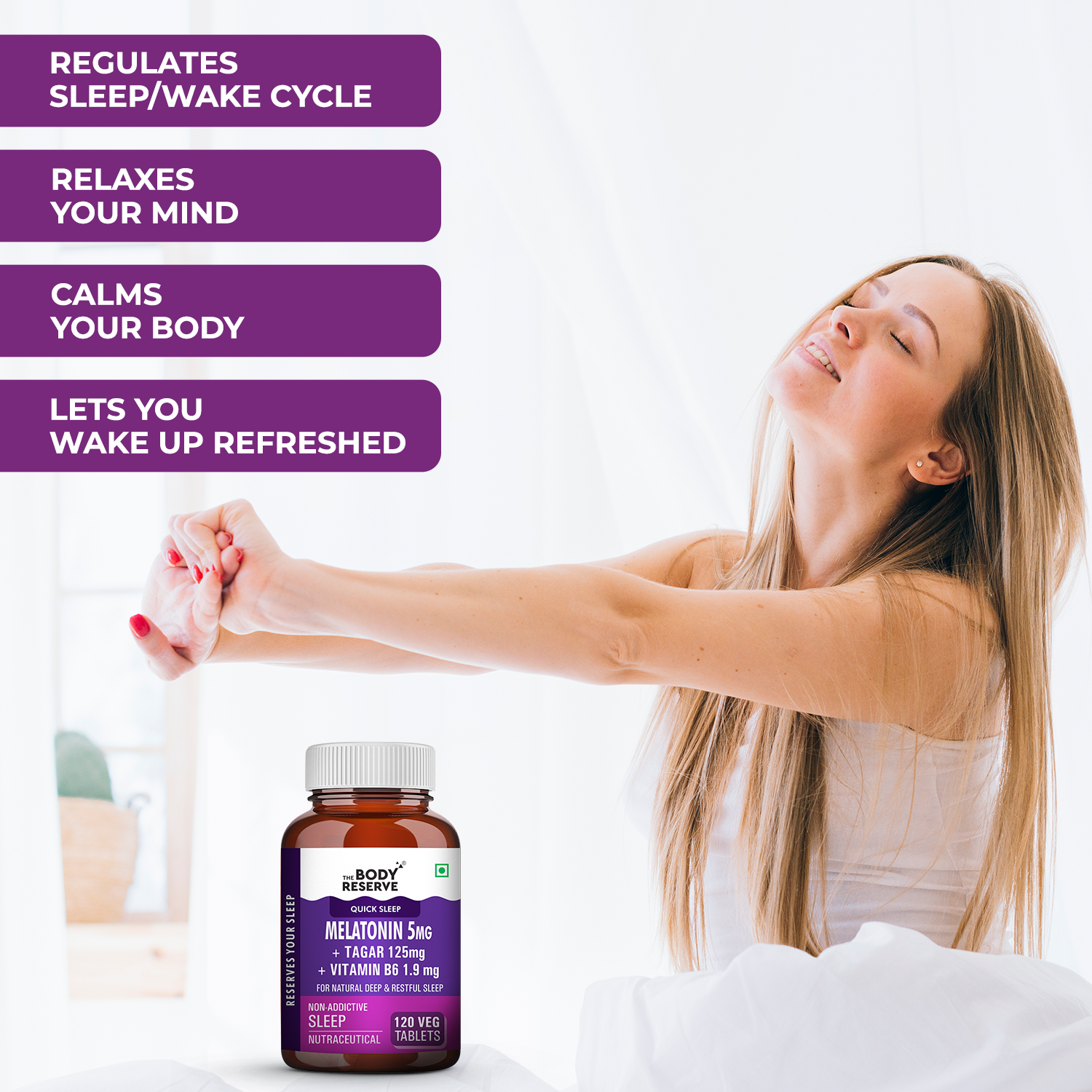 The Body Reserve Melatonin 5mg with Tagar 125mg - 120 Veg Tablets for Natural Sleep Aid, Muscle Recovery, Nerve Relaxation, and Stress Relief - Non-Habit Forming Sleep Aid for Men & Women