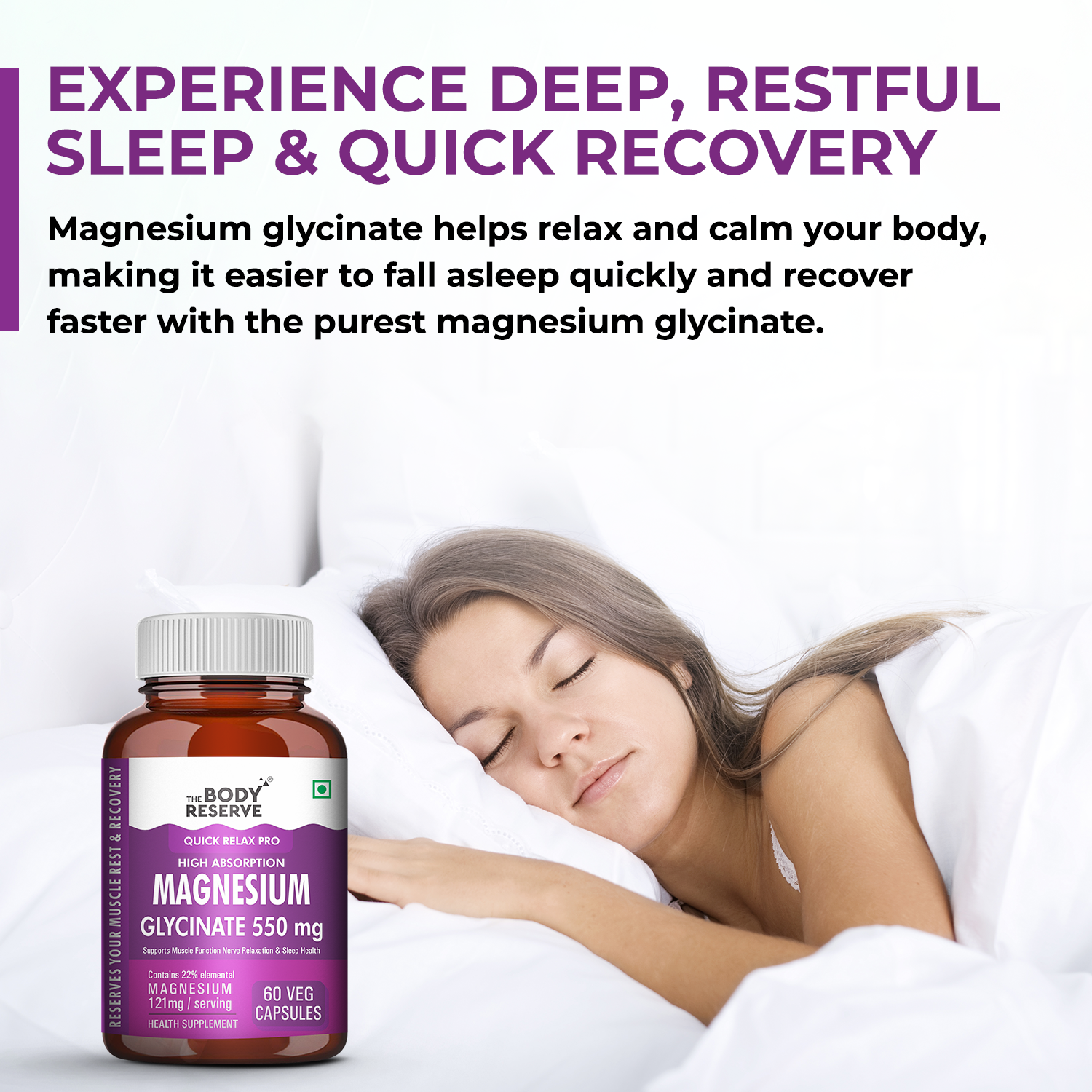 The Body Reserve Magnesium Glycinate Supplement - 60 Veg Tablets, 550mg Per Serving, High Absorption Chelated Form - Supports Muscle & Nerve Health, Promotes Relaxation for Men & Women