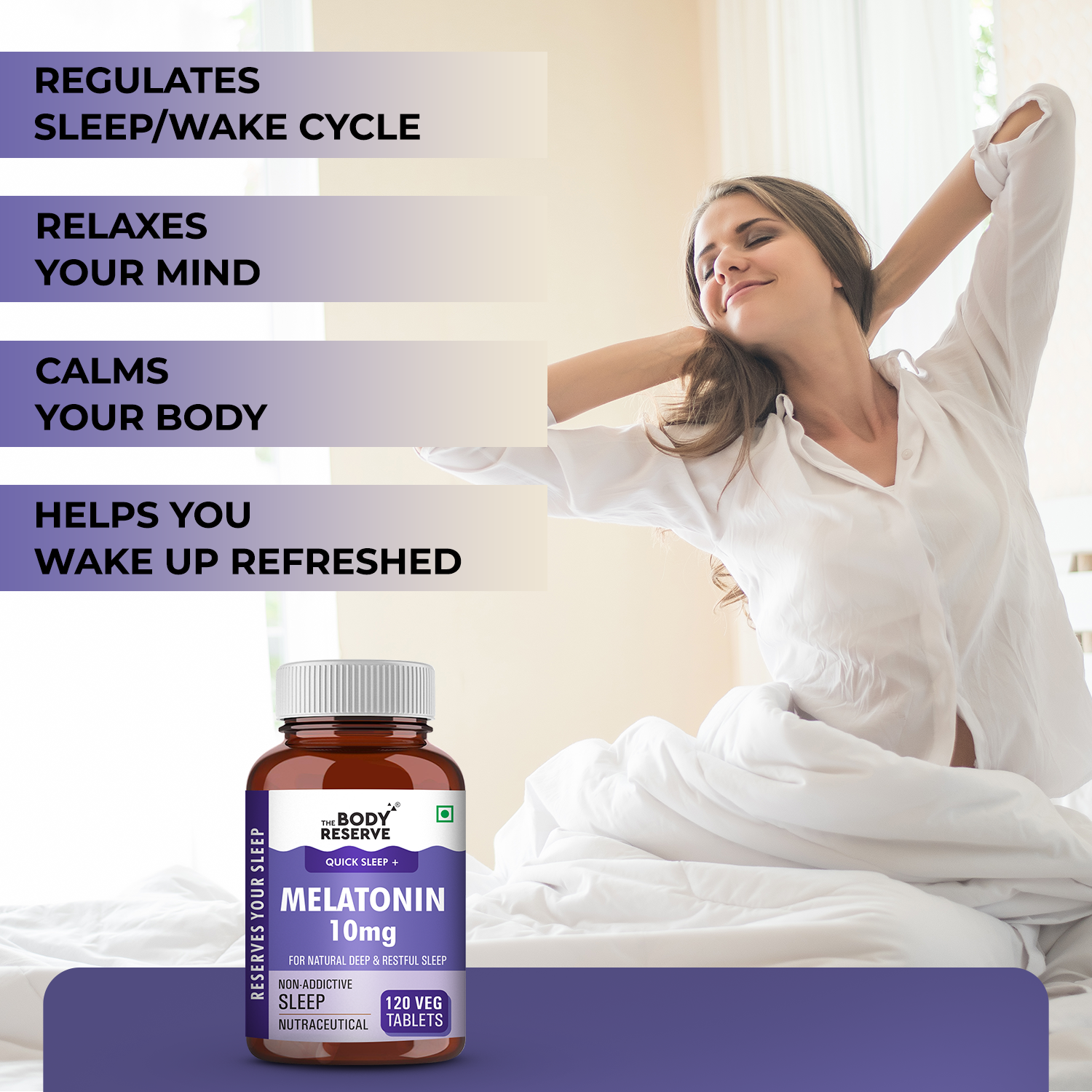 The Body Reserve Melatonin 10mg - 120 Veg Tablets for Sleep Support, Nerve Relaxation, and Stress Relief - Non-Habit Forming for Men & Women