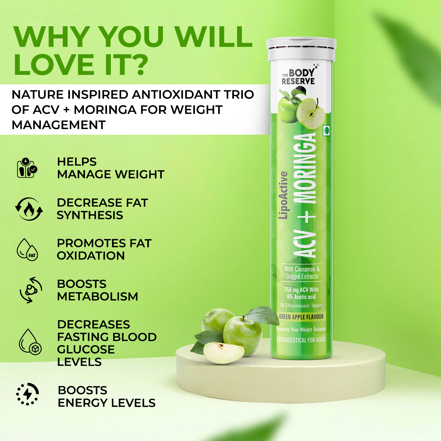 The Body Reserve ACV Moringa with Apple Cider Vinegar, cinnamon, for Control Carvings Supports Metabolism, Boosts Energy & Immunity Green Apple Flavor Pack of 6 (90 Tablets)