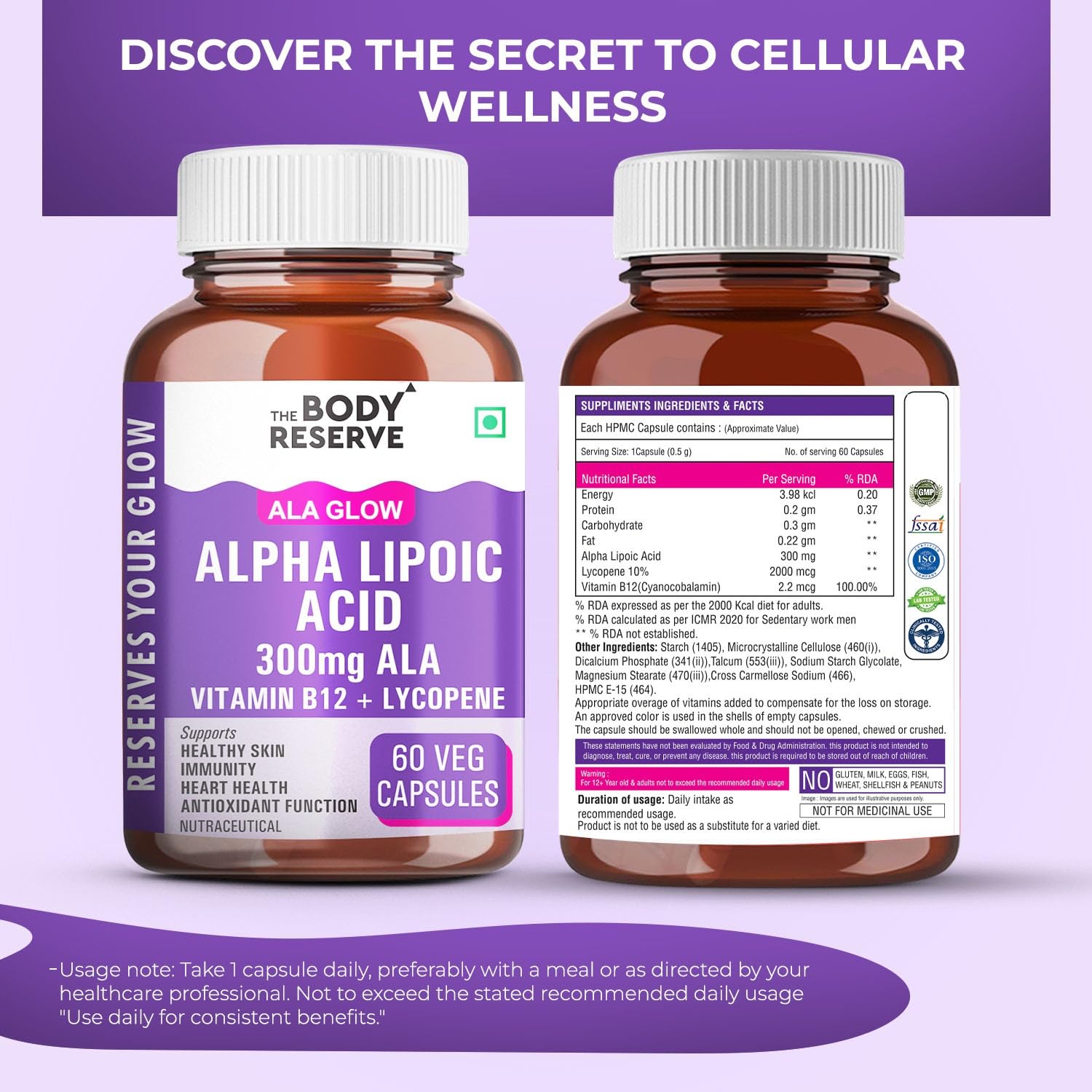 Alpha Lipoic Acid 300mg 60 Veg Capsules for Nerve Health, Energy