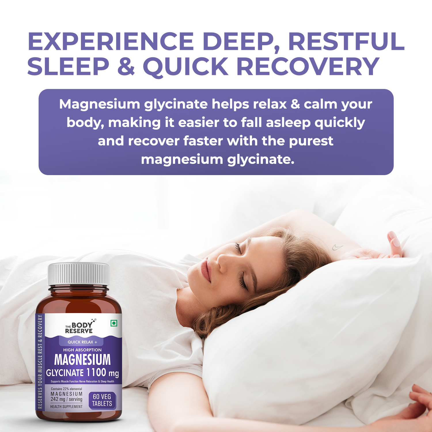 The Body Reserve Magnesium Glycinate Supplement - 60 Veg Tablets, 1100mg Per Serving, High Absorption Chelated Form - Supports Muscle & Nerve Health, Promotes Relaxation for Men & Women