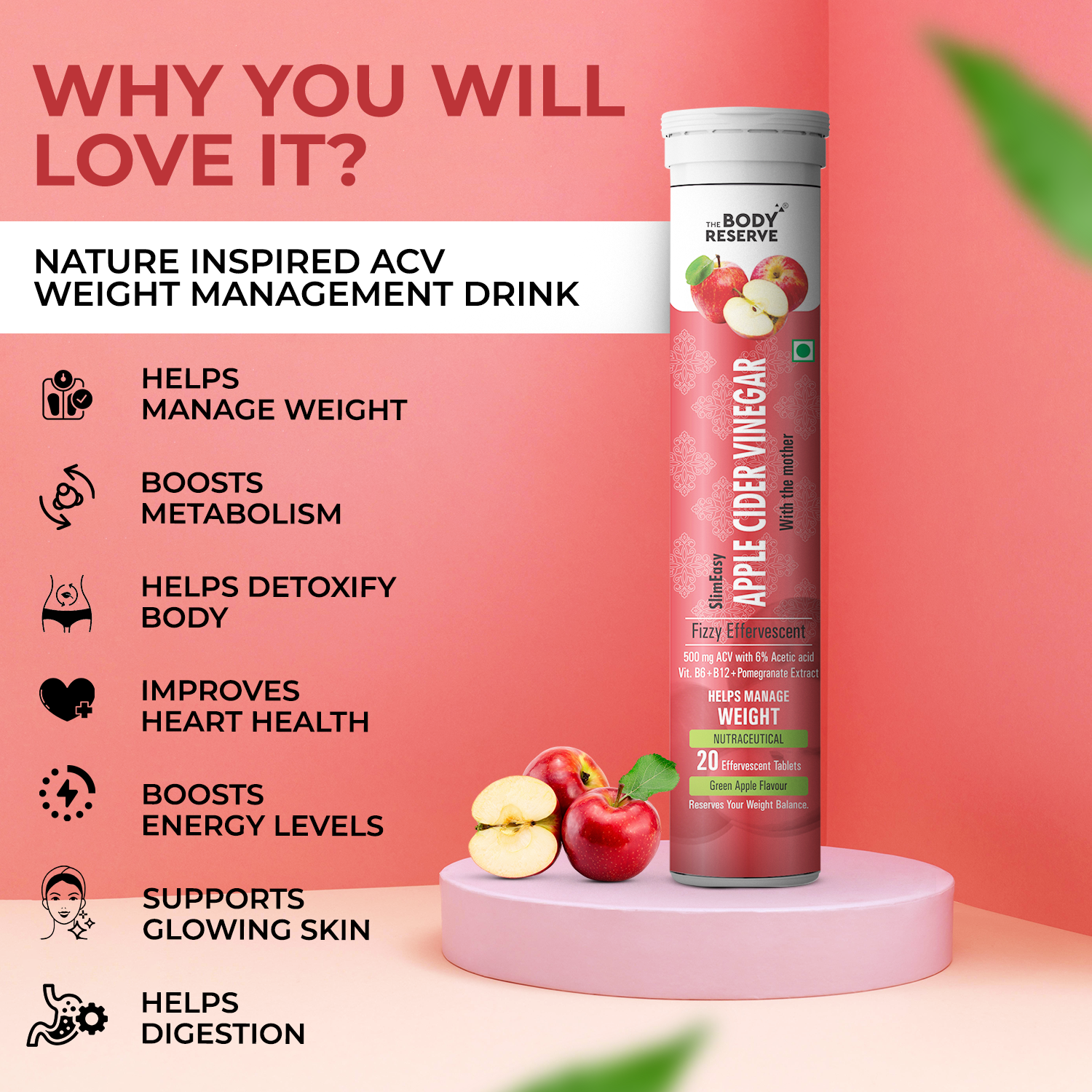 The Body Reserve Apple Cider Vinegar | 40 Effervescent Tablets, Pack Of 6 (Apple Flavour)