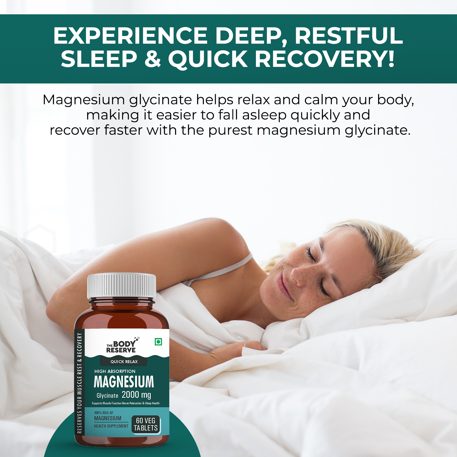 The Body Reserve Magnesium Glycinate Supplement - 60 Veg Tablets, 2000mg Per Serving, High Absorption Chelated Form - Supports Muscle & Nerve Relaxation, Better Sleep Quality for Men & Women