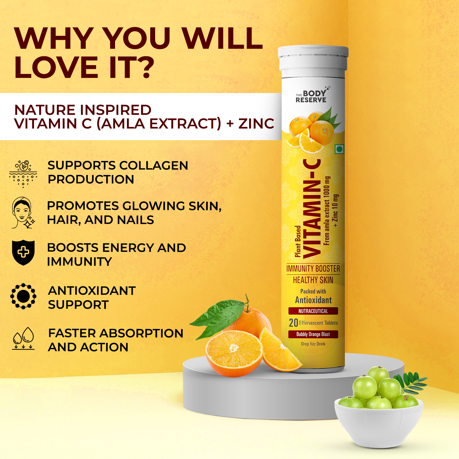 The Body Reserve Natural Vitamin C, Amla Extract With Zinc For Immunity, Skin Care,      Antioxidants & Energy Boost, Orange Flavour 20 Effervescent Tablets (Pack Of 3)