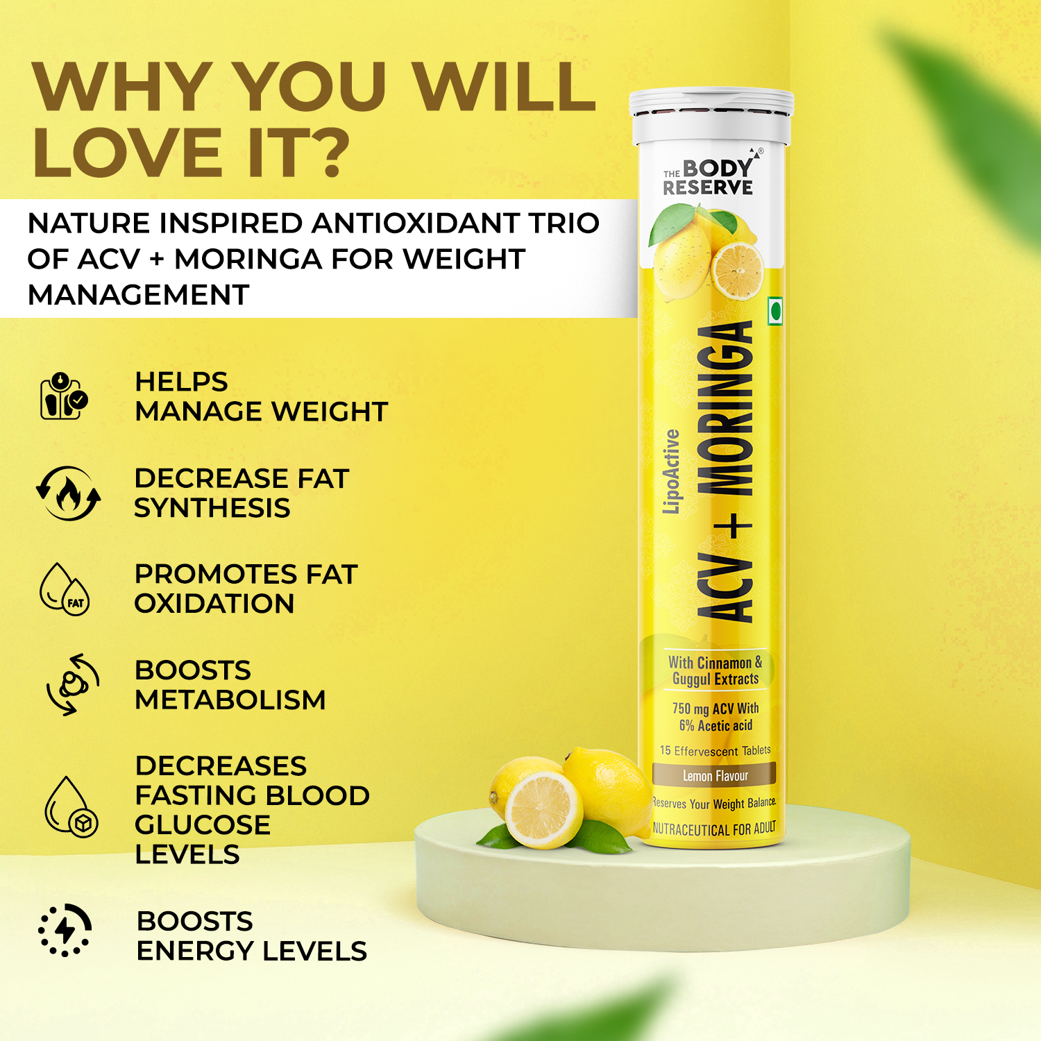 THE BODY RESERVE ACV Moringa effervescent (lemon)To Control Cravings,Apple Cider Vinegar,cinnamon  (15 Tablets)