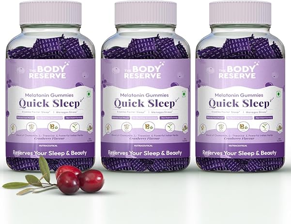 The Body Reserve Quick Sleep Melatonin Gummies for Unisex Natural Sleep Aid for Muscle Recovery Nerve & Relieves Stress Vegan Gluten-Free Pack of 3