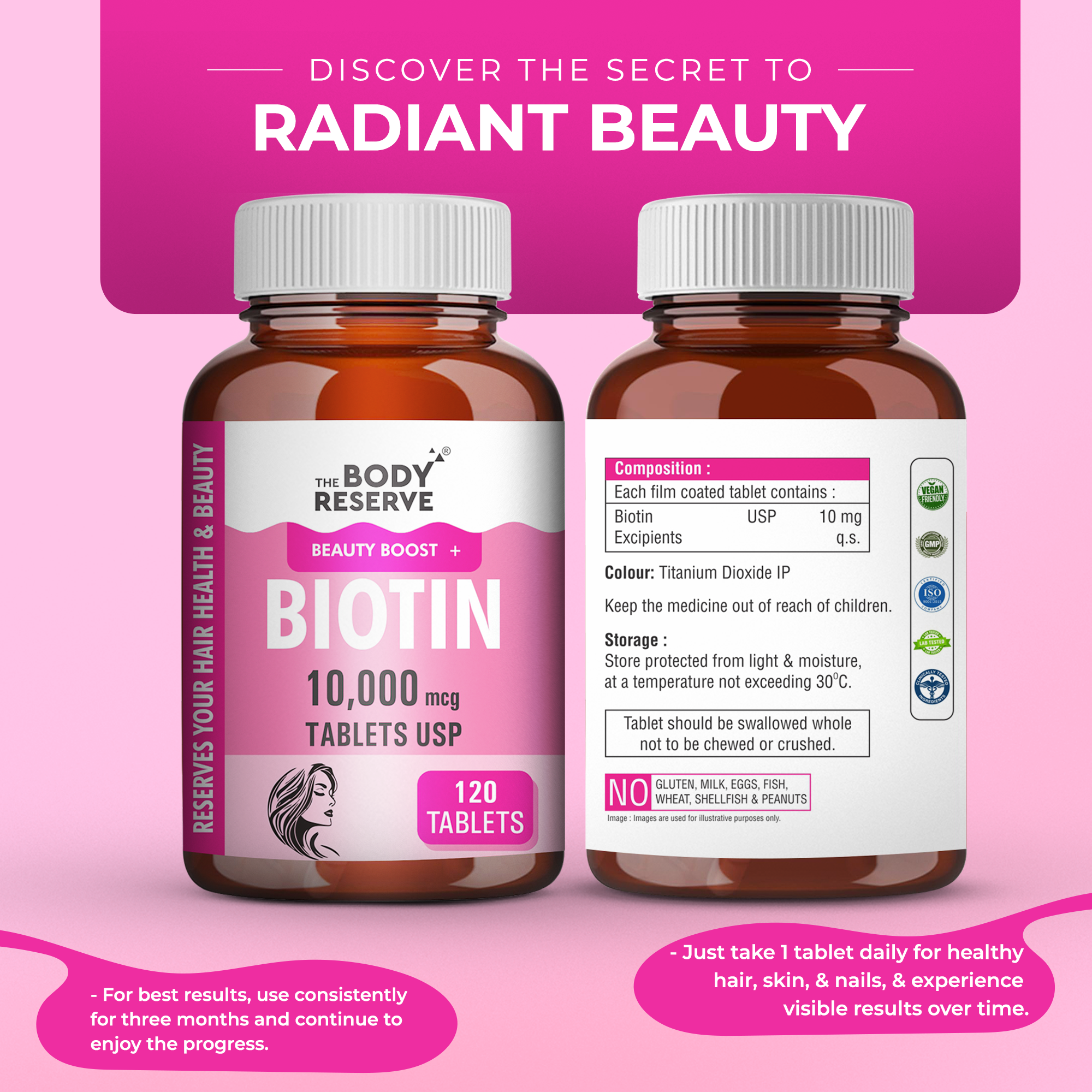 The Body Reserve Biotin 10000mcg Tablets -120 Veg Tablets, Biotin Tablets For Hair Growth, Skin & Nails, Hair Vitamins  Biotin Supplement For Men & Women  4 Month’s Supply Pack