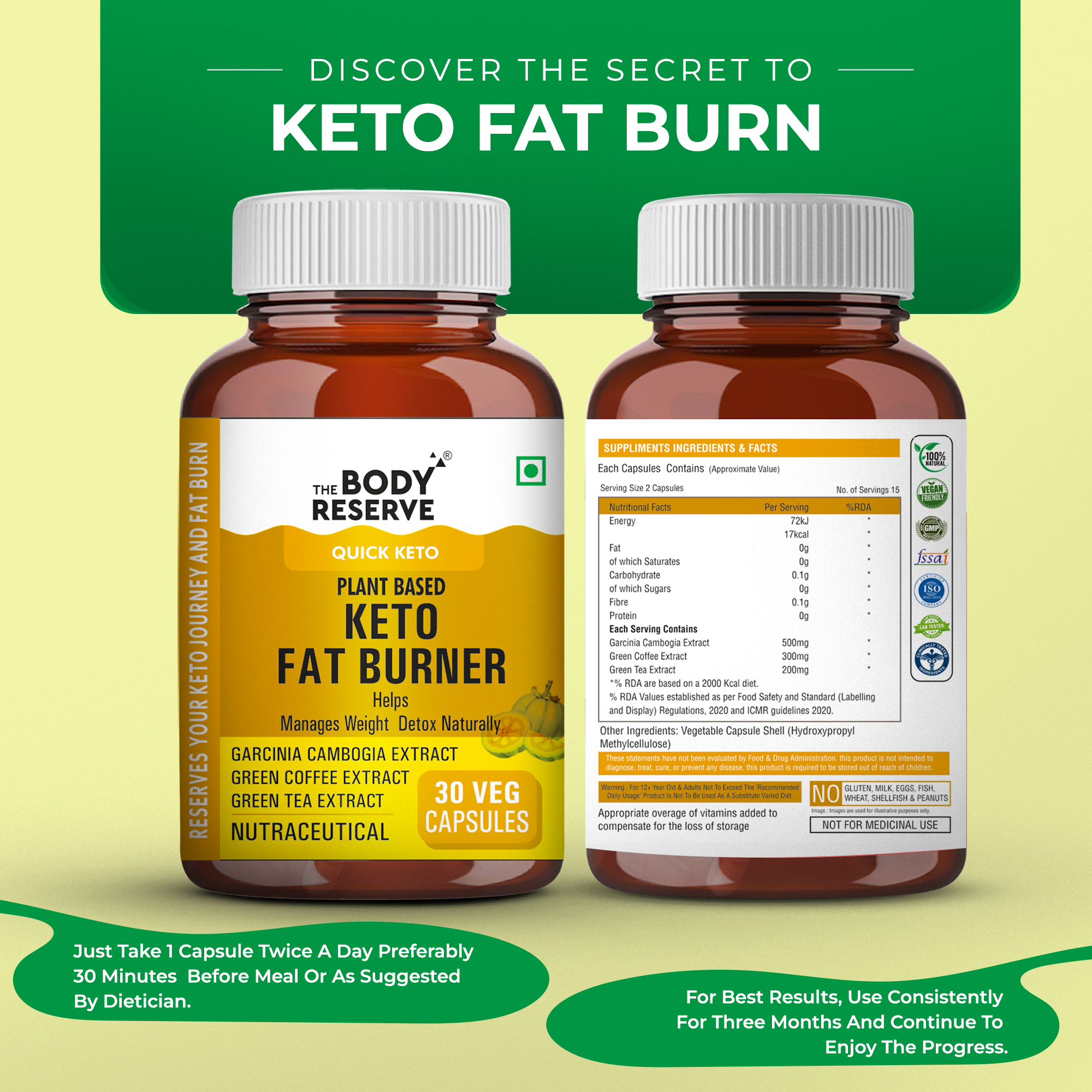 The Body Reserve Keto Fat Burner - 30 Veg Capsules, Weight Loss Supplement With 1000mg of Garcinia Cambogia, Green Coffee & Green Tea Extract - Metabolism Support - Plant-Based, Gluten-Free