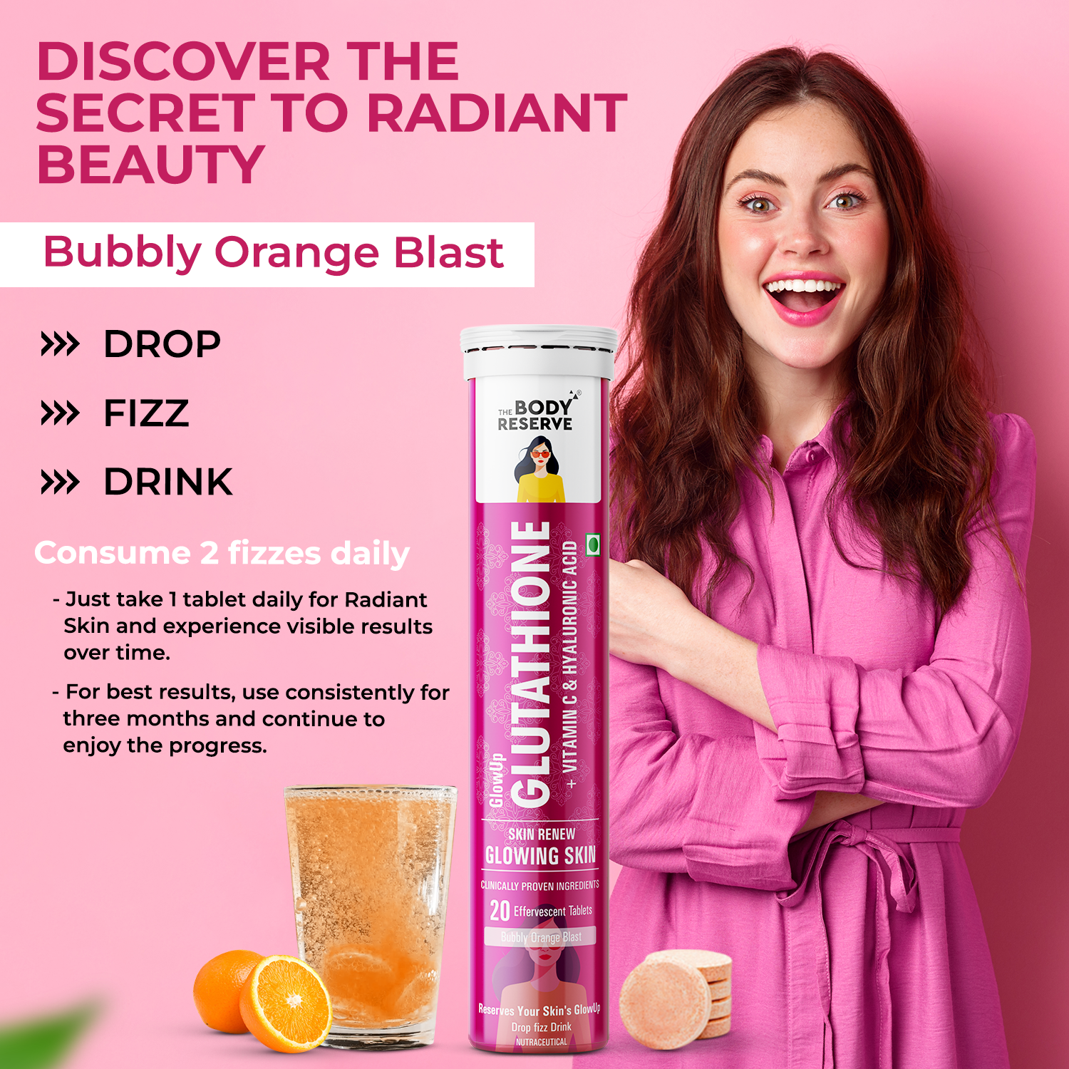 The Body Reserve Glutathione Tablets For Glowing Skin 20 Effervescent Tablets Supplement With 500mg L-Glutathione, Vitamin C & Hyaluronic Acid, Antioxidant & Skin Glow Supplement For Clear Skin, No Added Sugar, Orange Flavour, 1 count