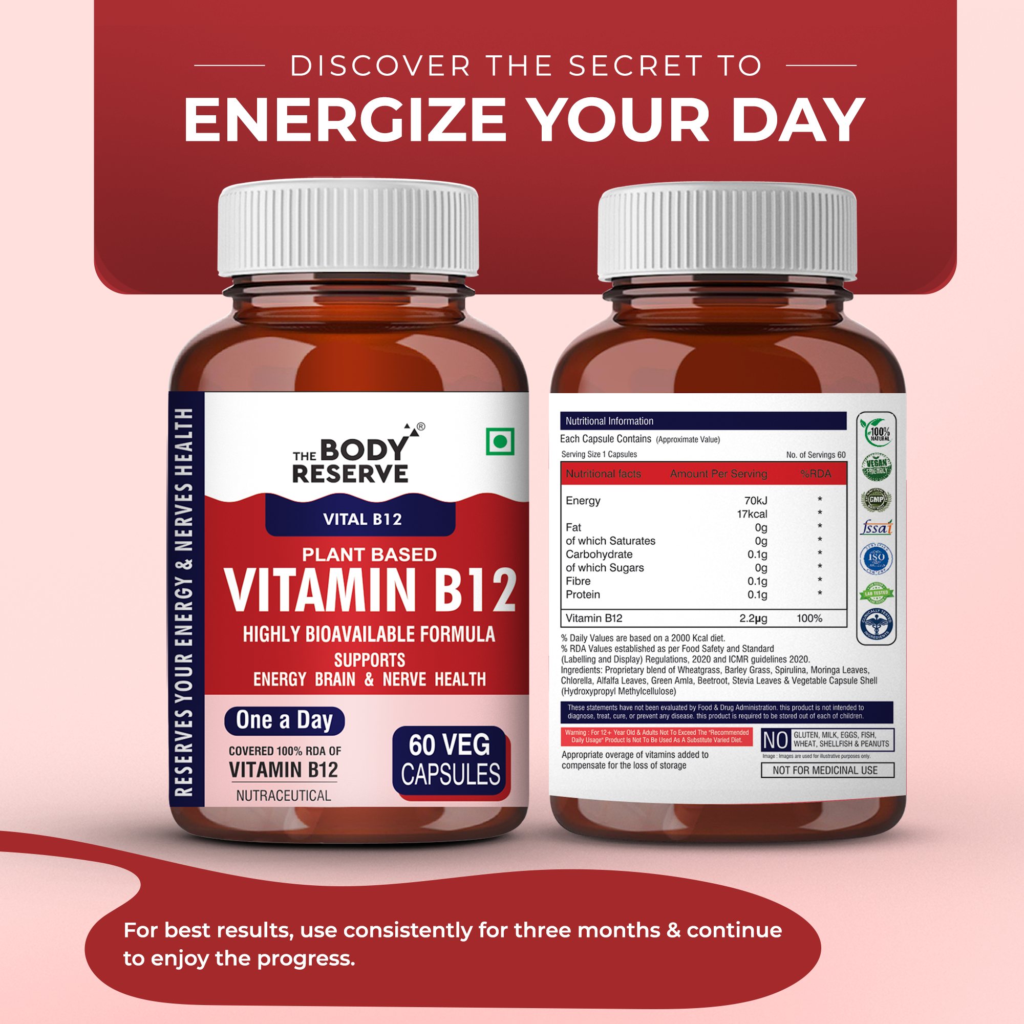 The Body Reserve Plant Based Vitamin B12 Supplement For Men & Women 60 Capsules  Organic Vitamin B12 For Nerve And Brain Health Vegan Capsules, Daily One 60 Days Pack