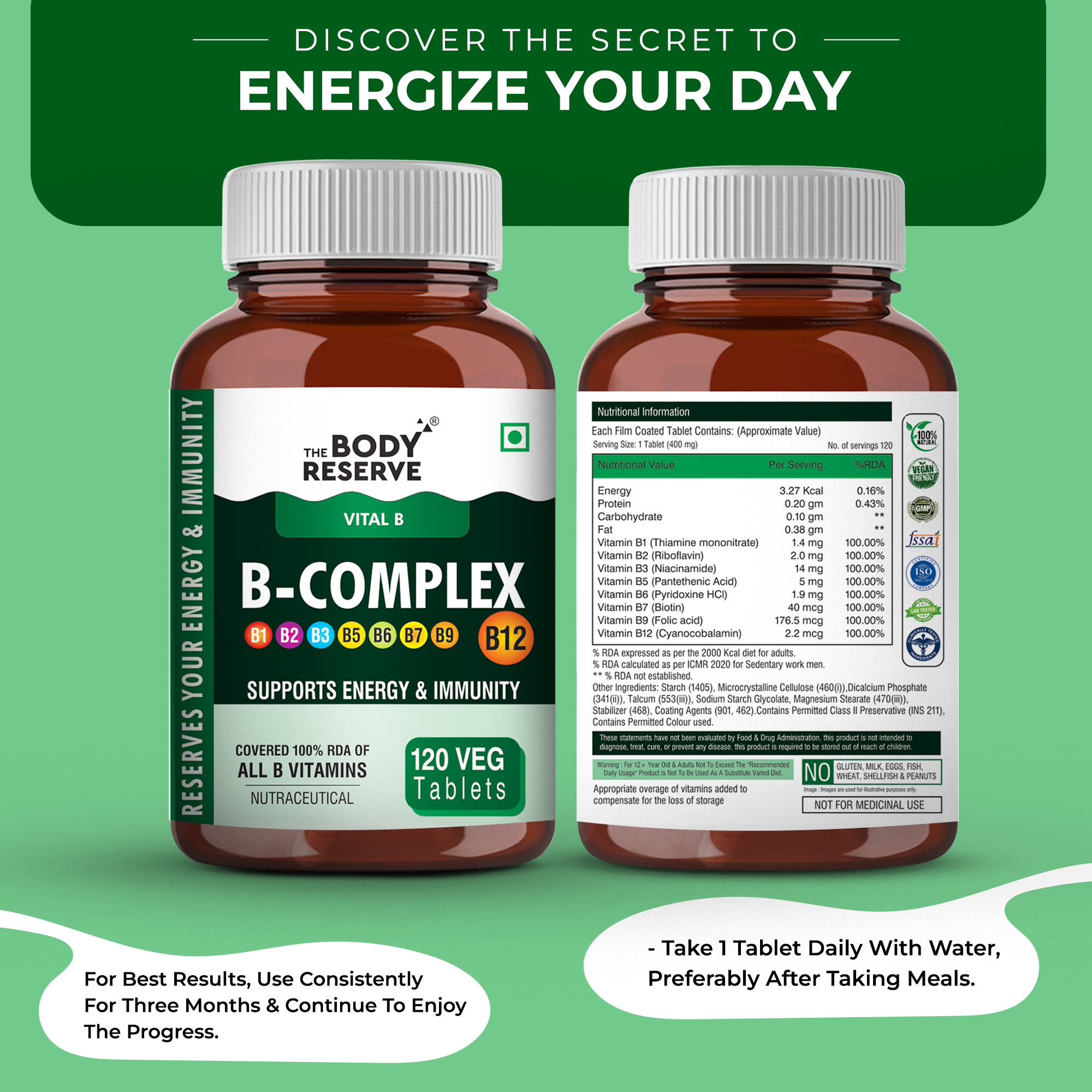 The Body Reserve Vitamin B Complex Tablets- 120 Veg Tablets 100% RDA Of Vitamin B1, B2, B3, B5, B6, B7, B9 & B12, Vitamin B Complex Supplements For Women & Men (4 MONTHS SUPPLY PACK)