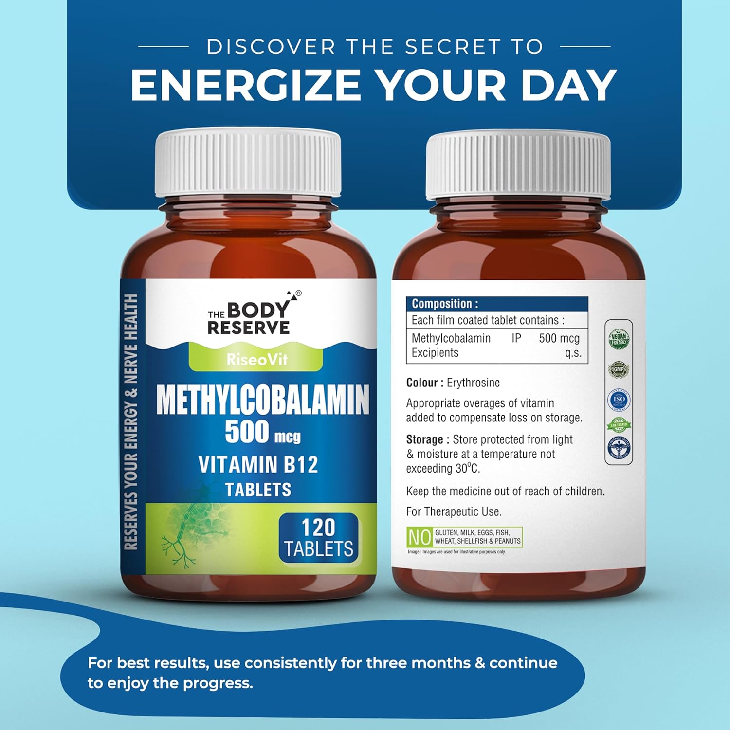 Vitamin B12 Supplements Methylcobalamin 500 Mcg 120 Veg Tablets  (4-Month Supply)