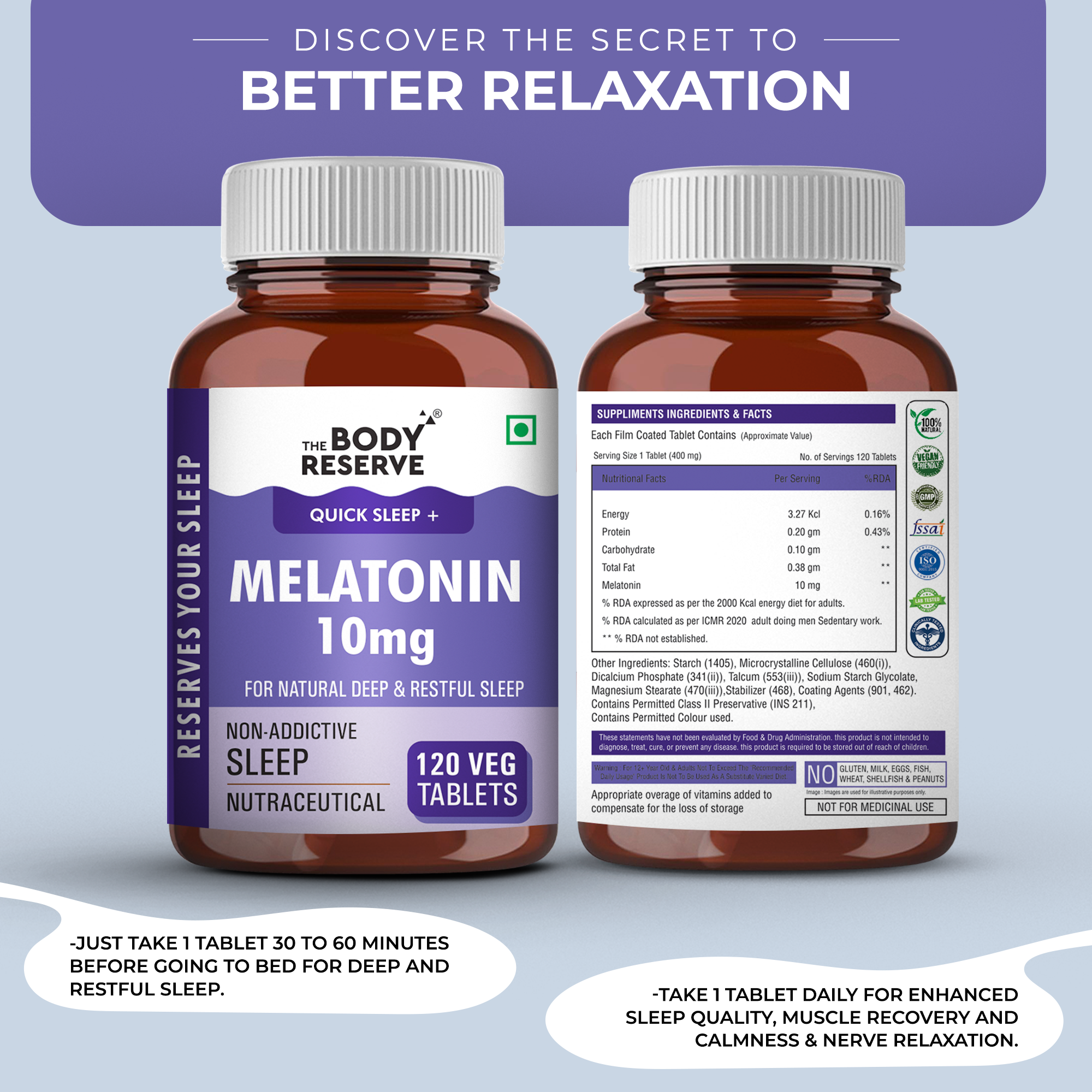 The Body Reserve Melatonin 10mg - 120 Veg Tablets for Sleep Support, Nerve Relaxation, and Stress Relief - Non-Habit Forming for Men & Women