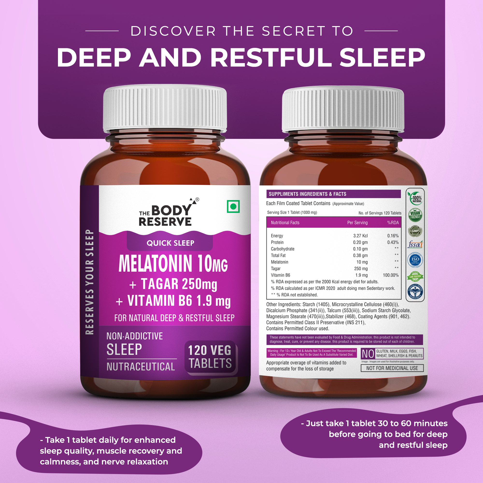 The Body Reserve Melatonin 10mg - 120 Plain Veg Tablets