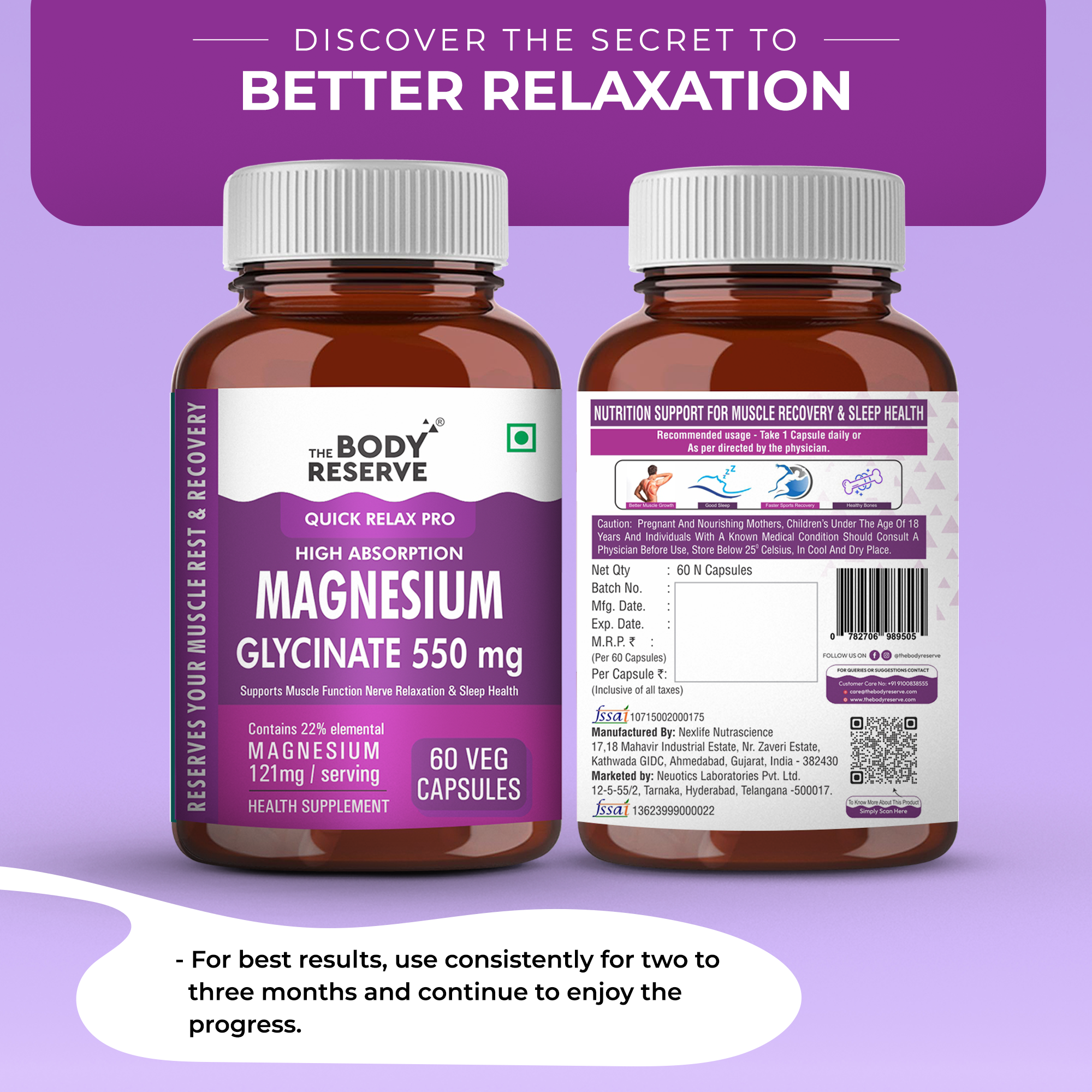 The Body Reserve Magnesium Glycinate Supplement - 60 Veg Tablets, 550mg Per Serving, High Absorption Chelated Form - Supports Muscle & Nerve Health, Promotes Relaxation for Men & Women