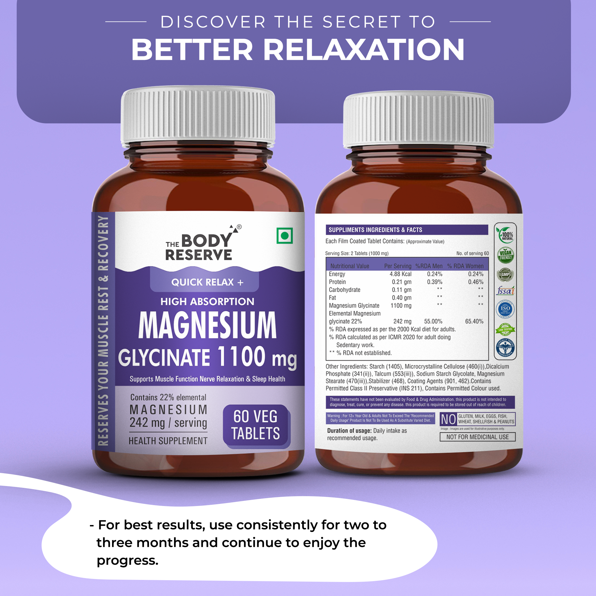 The Body Reserve Magnesium Glycinate Supplement - 60 Veg Tablets, 1100mg Per Serving, High Absorption Chelated Form - Supports Muscle & Nerve Health, Promotes Relaxation for Men & Women
