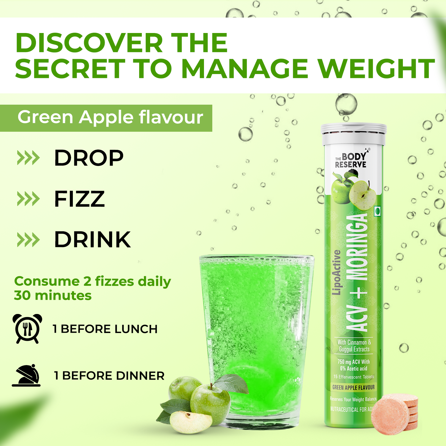 The Body Reserve ACV Moringa with Apple Cider Vinegar, cinnamon, for Control Carvings Supports Metabolism, Boosts Energy & Immunity Green Apple Flavor Pack of 6 (90 Tablets)