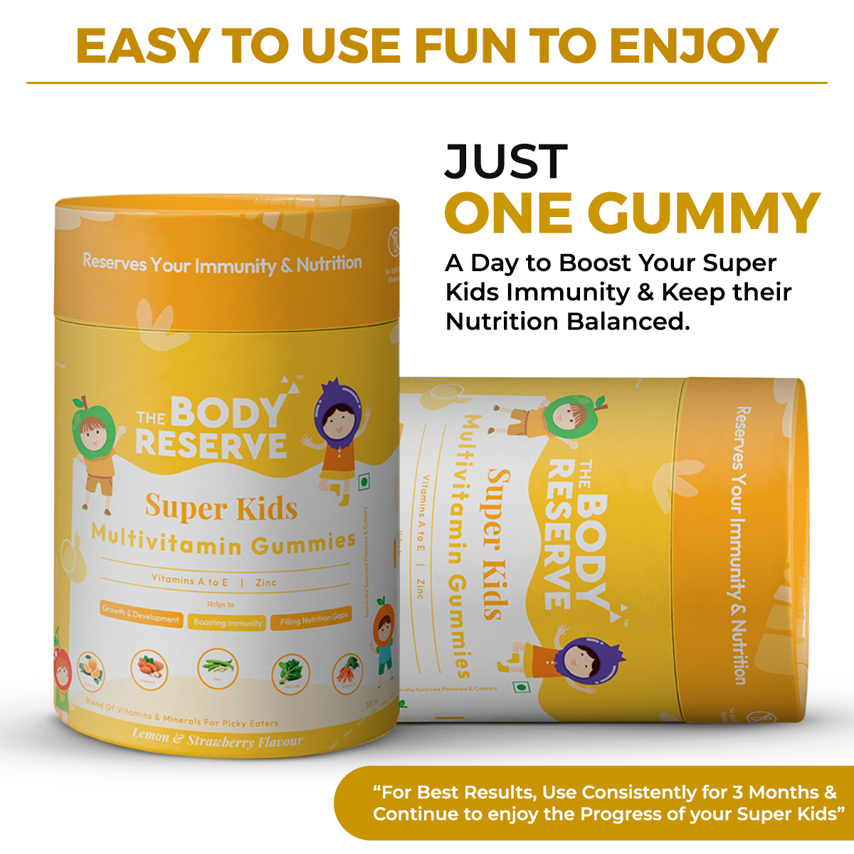 The Body Reserve Super Kids Multivitamin Daily Essential Vitamins B C D E B12 & Zinc for Kids Growth Development Strong Bones Teeth & Immunity Lemon & Strawberry Flavoured 90 Gummies (Pack of 3)