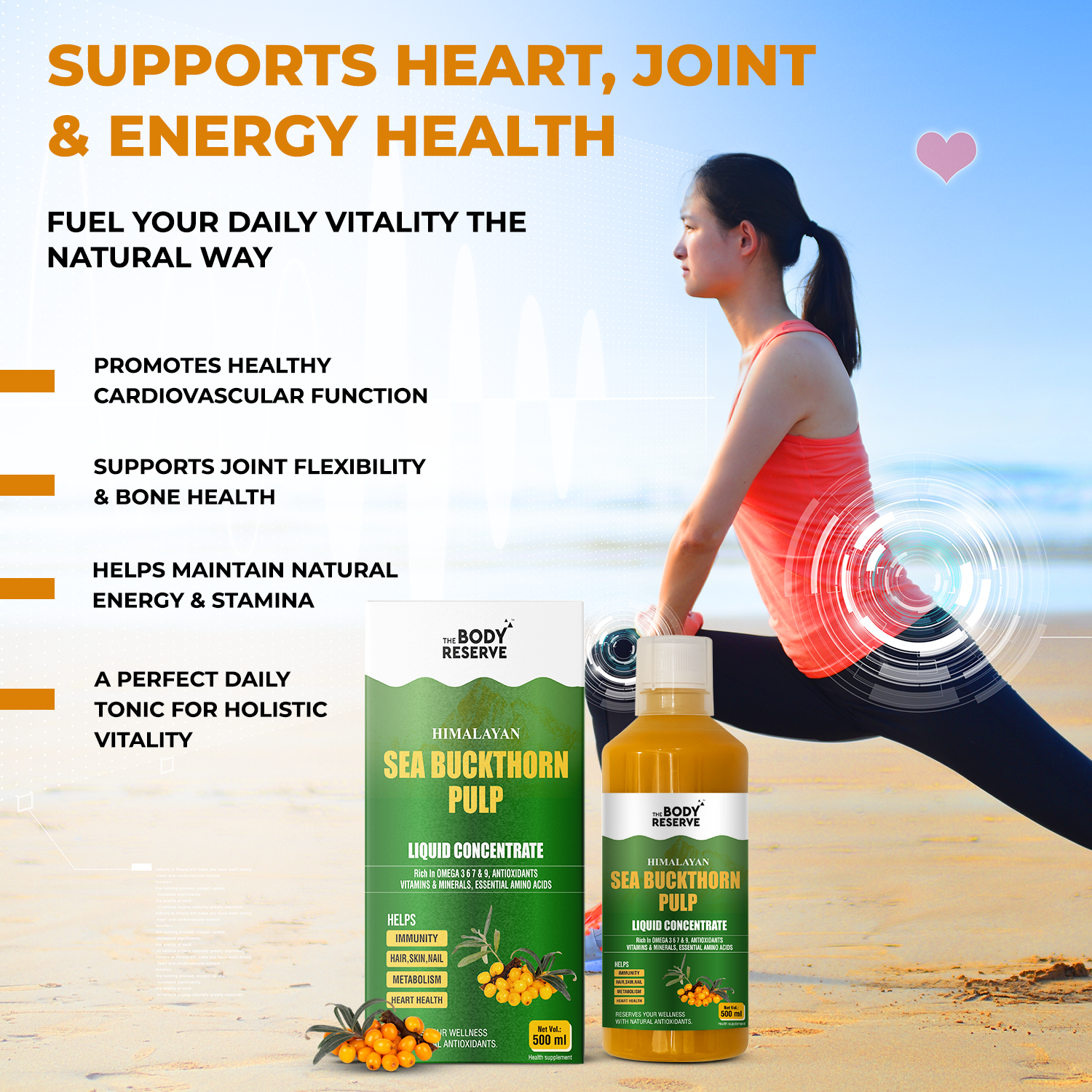 The Body Reserve Himalayan Sea Buckthorn Juice 500ml Berry Pulp Concentrate Makes 85 Glasses, Rich in Natural Vitamin C, Omega 3 6 7 9, Antioxidants for skin Glow, immunity Heart & Gut health support