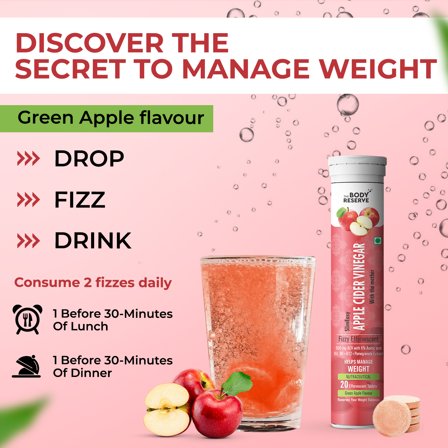 The Body Reserve Apple Cider Vinegar | 40 Effervescent Tablets, Pack Of 6 (Apple Flavour)