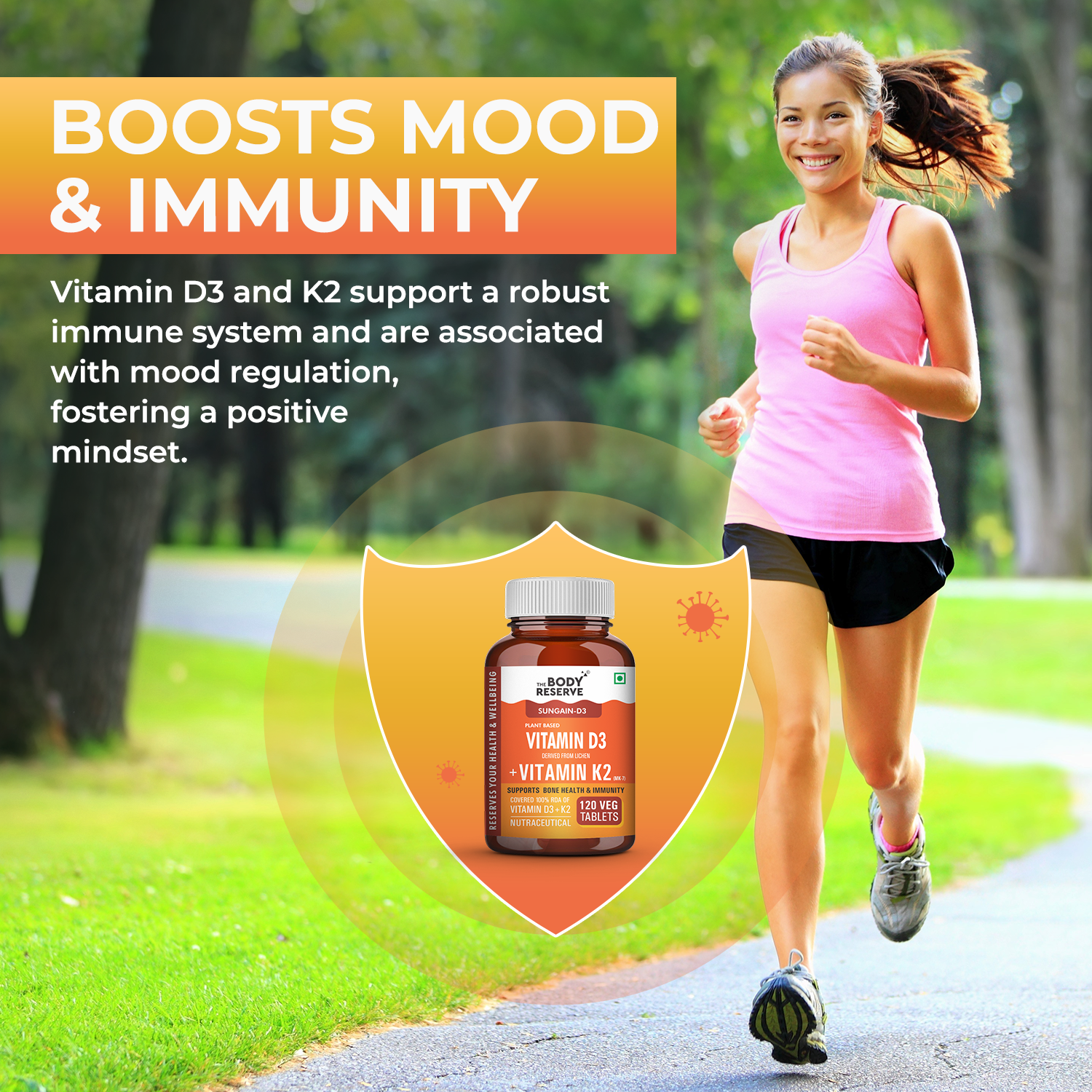 The Body Reserve Vitamin D3 K2 MK7 - 120 Veg Tablets, 100% RDA Plant-Based Vitamin D3 Supplement from Lichen Source with Vitamin K2 as MK7 Menaquinone