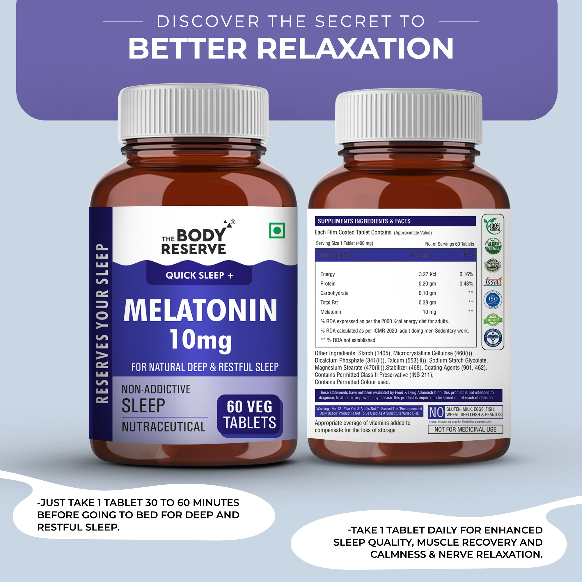 The Body Reserve Melatonin 10mg - 60 Veg Tablets for Natural Sleep Aid, Nerve Relaxation, Muscle Recovery, and Stress Relief - Non-Habit Forming Sleep Aid for Men & Women