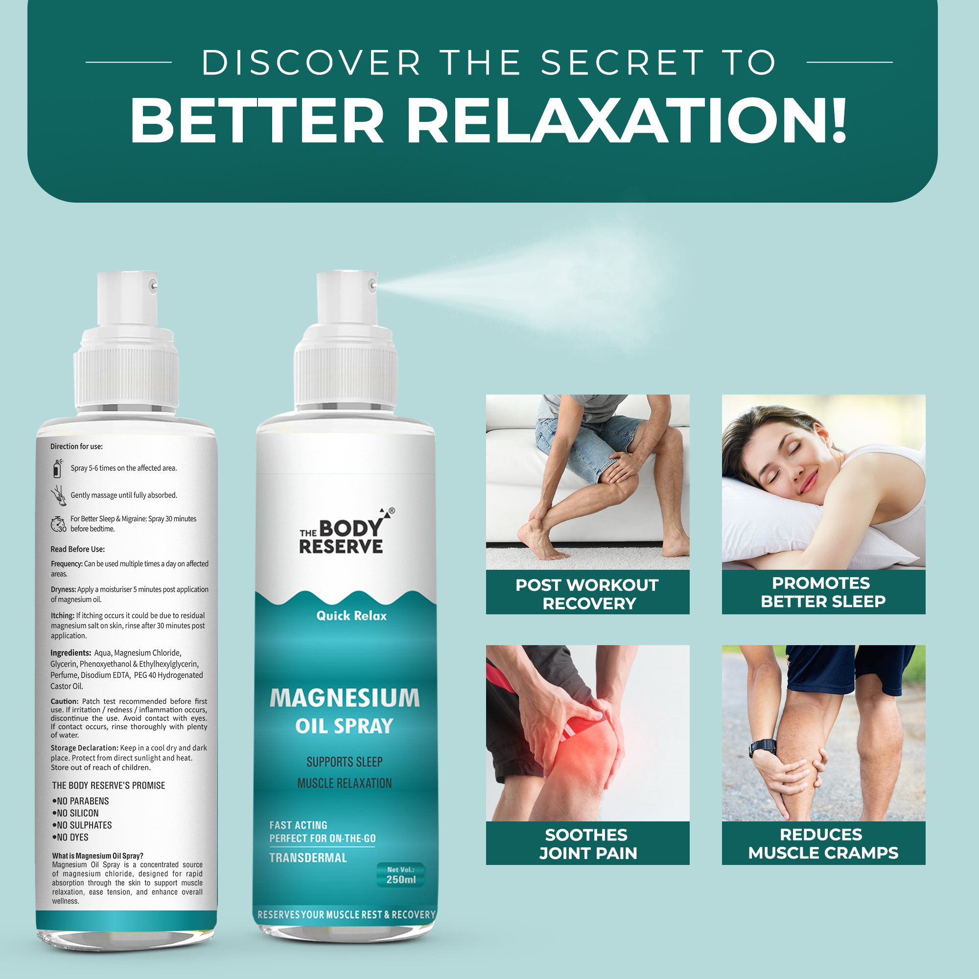 The Body Reserve Magnesium Oil Spray 200ml- Topical Spray Magnesium Oil For Feet, Muscle Relaxation, Deep Sleep Support, Recovery From Cramps, Fitness