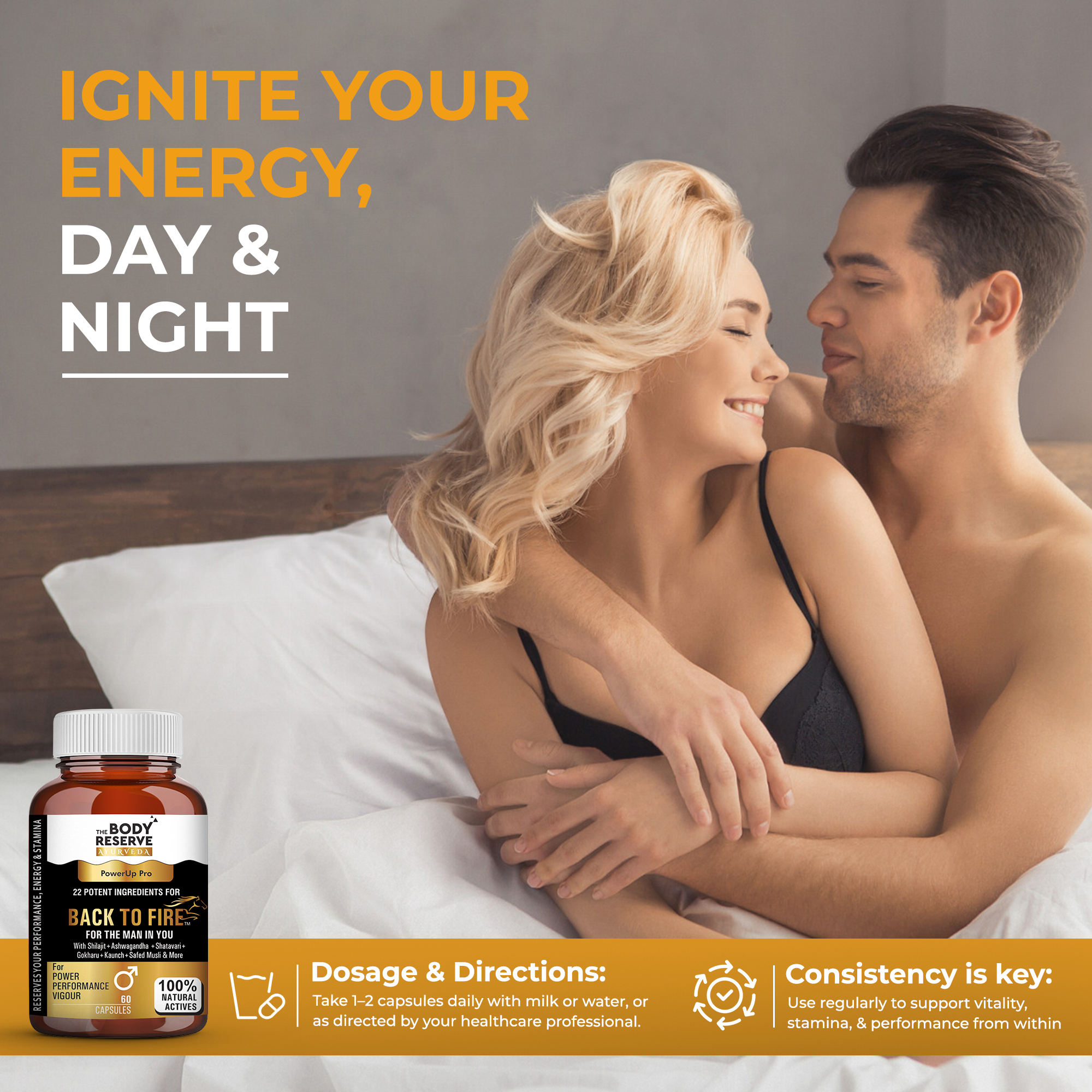 The Body Reserve Ayurveda Back To Fire Capsules For Men With 22 Ayurvedic Herbs Blend for Stamina, Strength & Vitality  With Ashwagandha, Shilajit, Safed Musli, Gokshura & More  60 Vegetarian Capsules