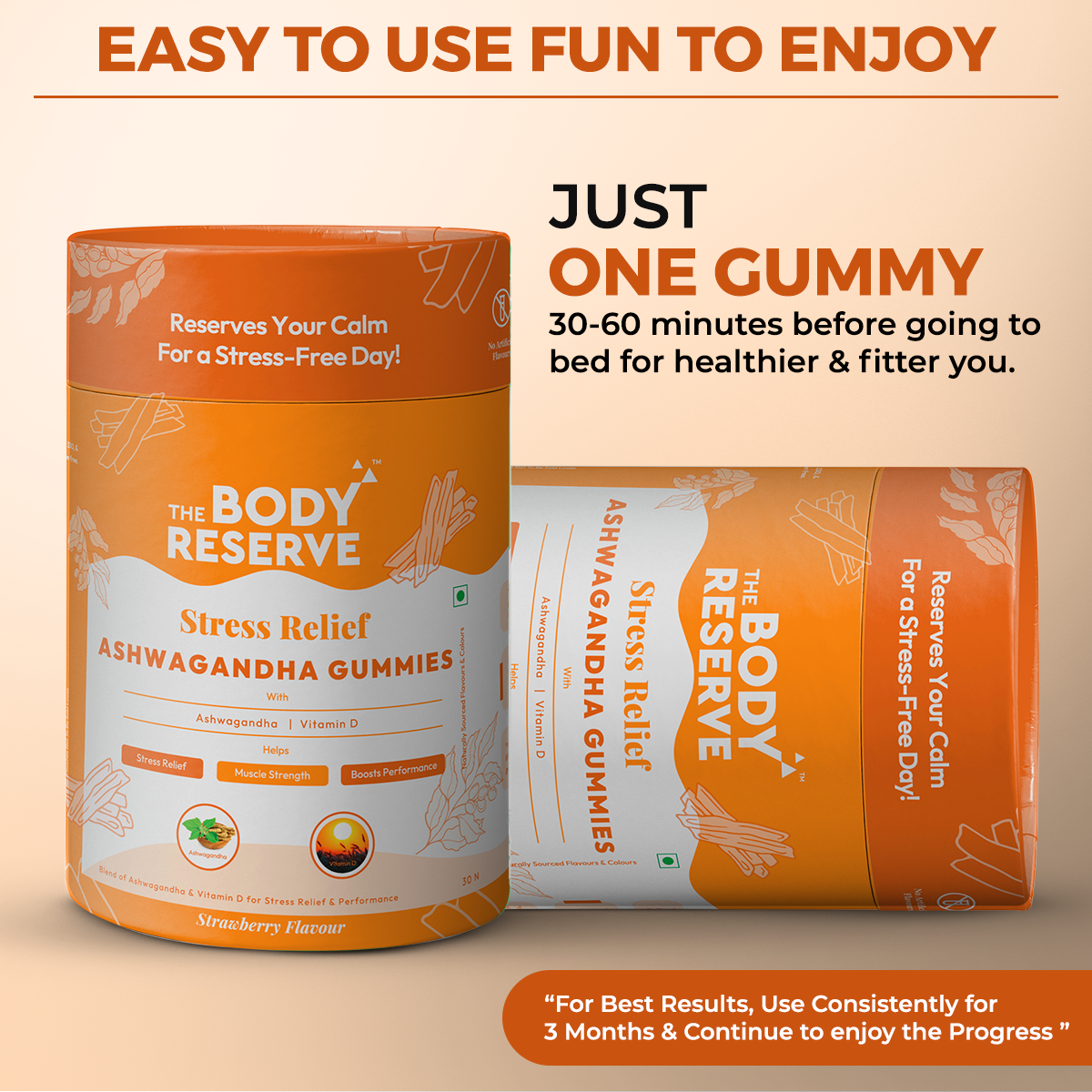 The Body Reserve Strawberry Flavour Ashwagandha Gummies with Natural, Potent Ashwagandha and Vitamin D for Men Women Help reduce Stress, Anxiety and improve Sleep (Pack of 2, 60 Count)
