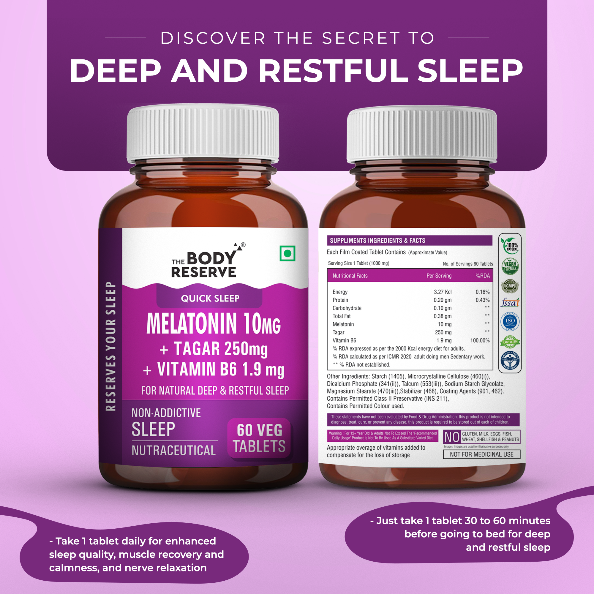 The Body Reserve Melatonin 10mg with Tagar 250mg - 60 Veg Tablets for Natural Sleep Aid, Muscle Recovery, Nerve Relaxation, and Stress Relief - Non-Habit Forming Sleep Aid for Men & Women