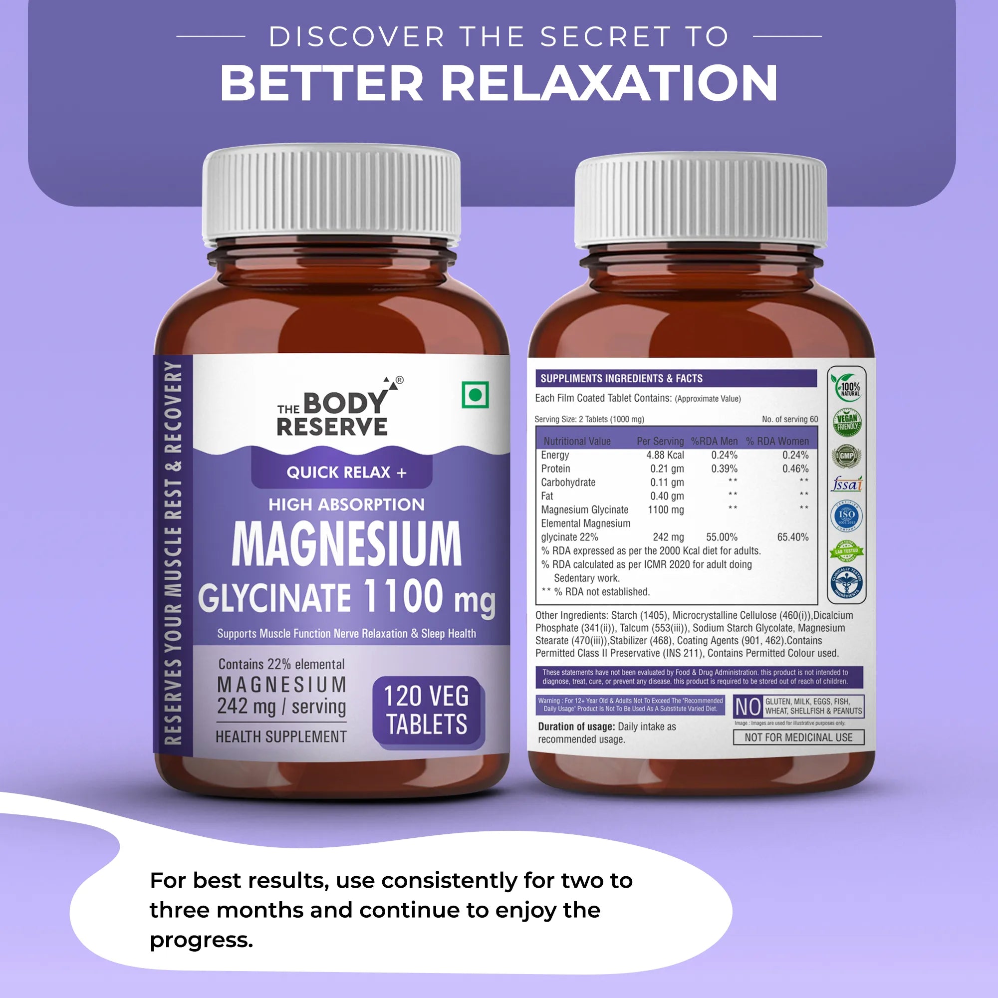 The Body Reserve Magnesium Glycinate Supplement - 120 Veg Tablets, 1100mg Per Serving, High Absorption Chelated Form - Supports Muscle & Nerve Health, Promotes Relaxation for Men & Women