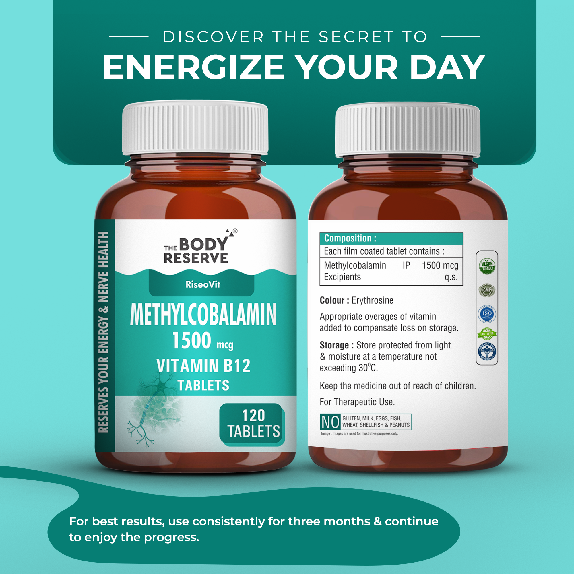 THE BODY RESERVE Vitamin B12 Tablets 1500 mcg as Methylcobalamin Vitamin B12 Supplements for Men & Women -120 Veg tablets (4 Months Supply Pack)