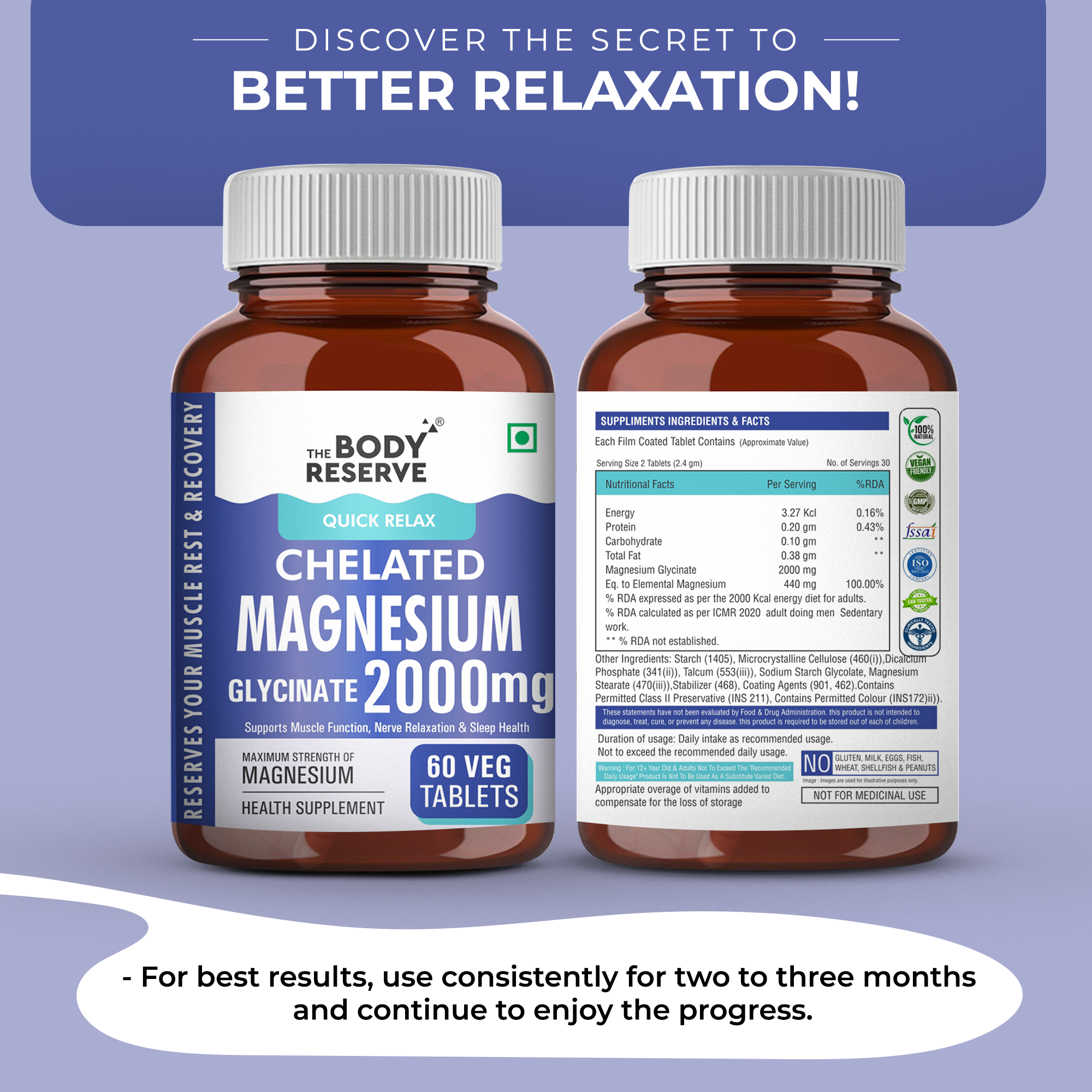 Magnesium Glycinate Supplement - 60 Veg Tablets, 2000mg