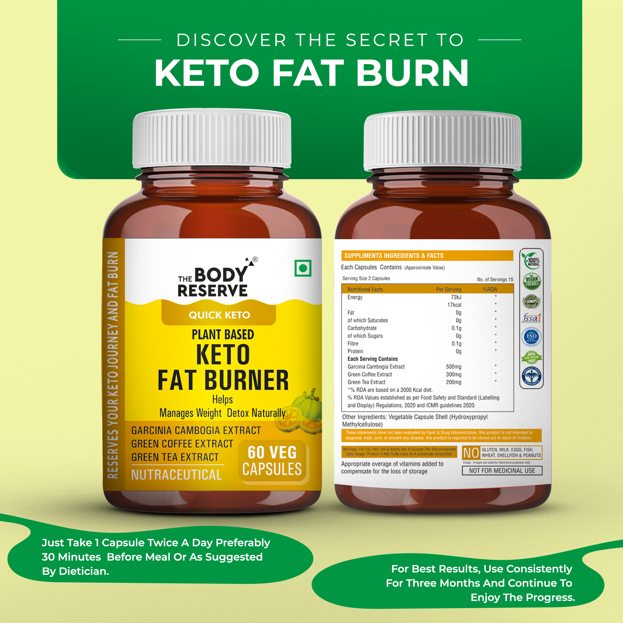 The Body Reserve Keto Fat Burner - 60 Veg Capsules, Weight Loss Supplement With 1000mg of Garcinia Cambogia, Green Coffee & Green Tea Extract - Metabolism Support - Plant-Based, Gluten-Free