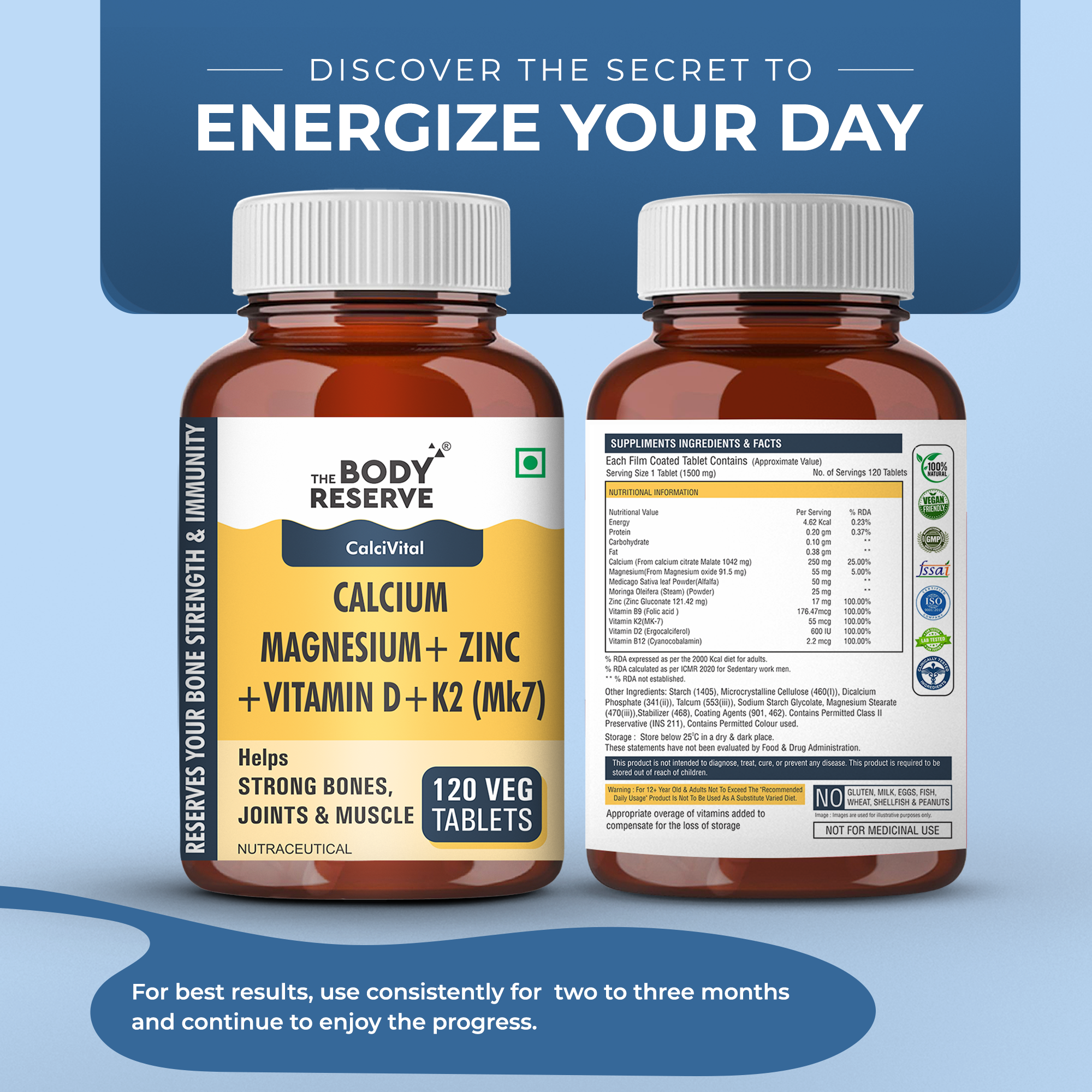 The Body Reserve Calcium, Magnesium, Zinc with Vitamin K2, MK7 & B12 – 120 Tablets for Bone & Joint Health (4-Month Pack)