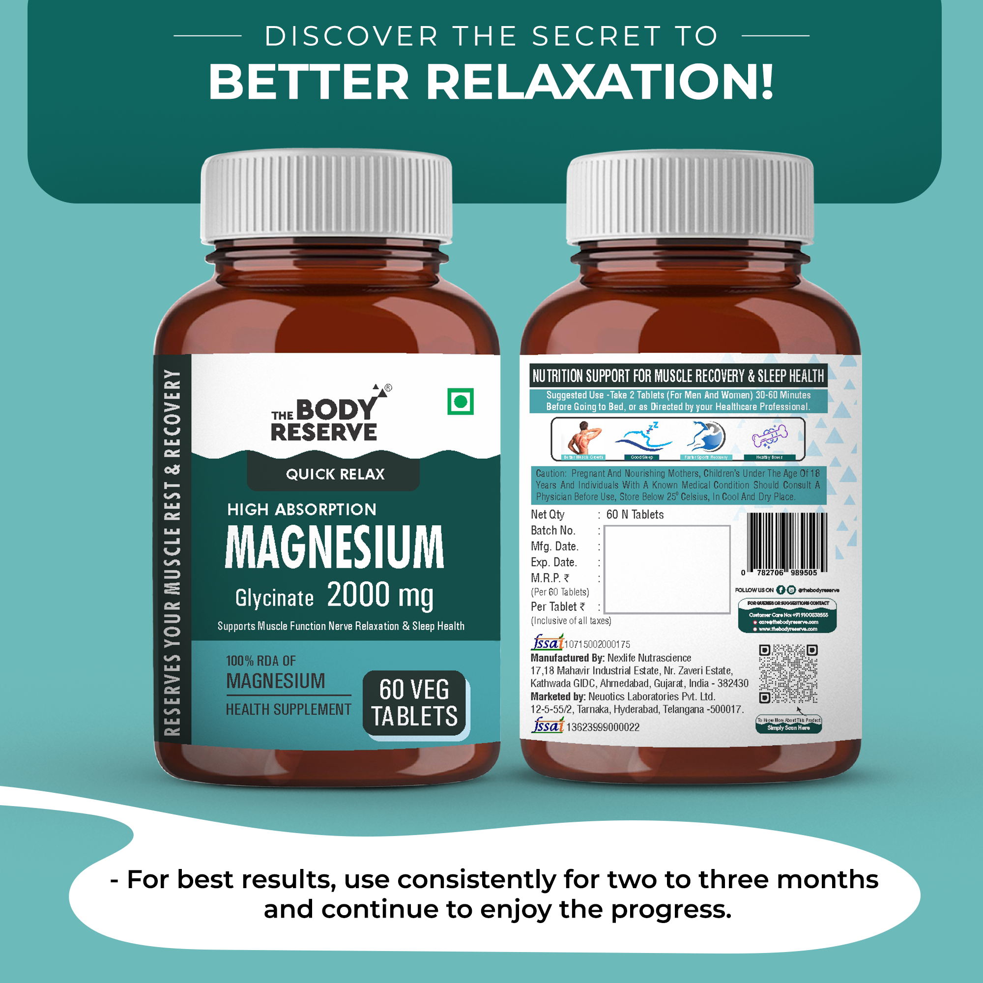 The Body Reserve Magnesium Glycinate Supplement - 60 Veg Tablets, 2000mg Per Serving, High Absorption Chelated Form - Supports Muscle & Nerve Relaxation, Better Sleep Quality for Men & Women