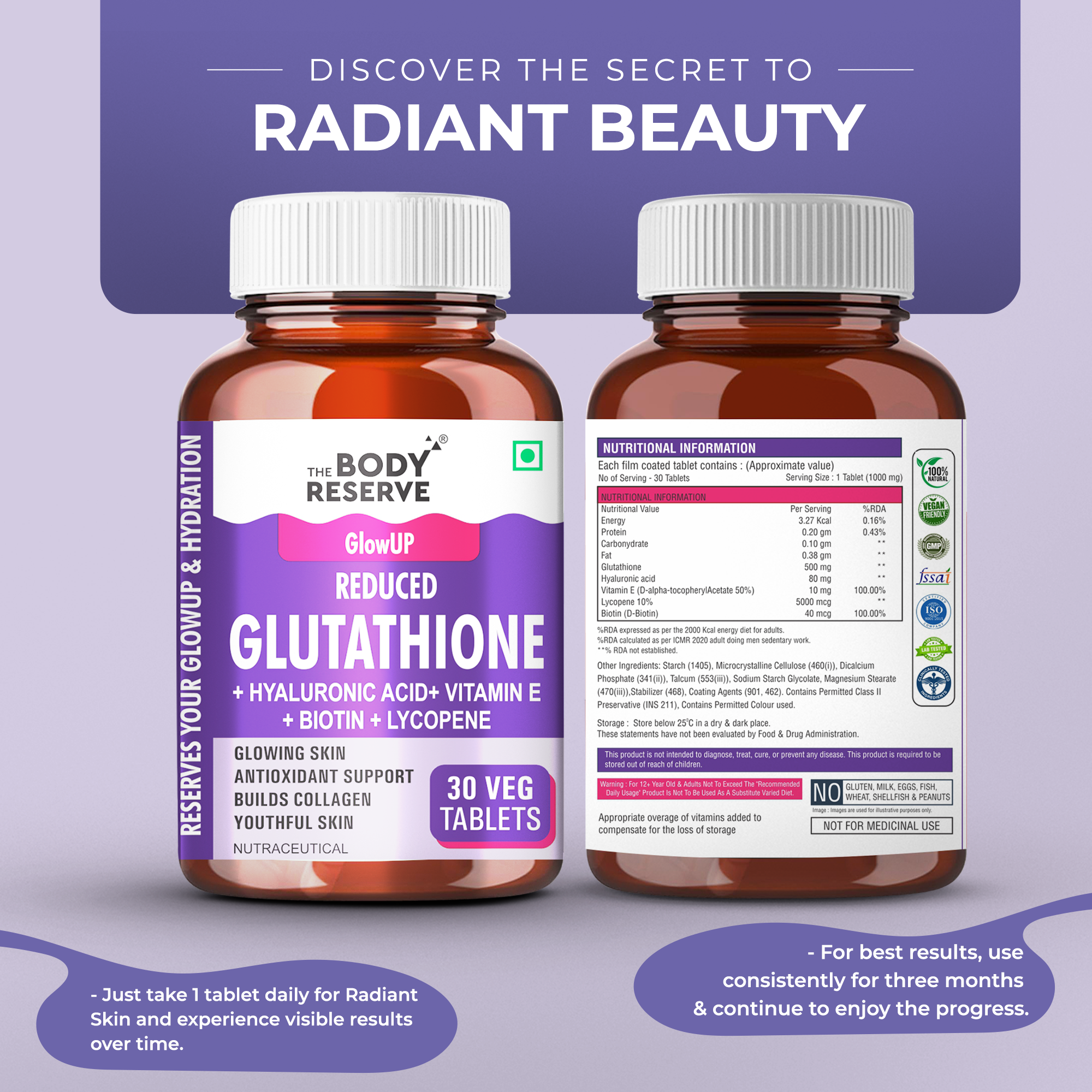 The Body Reserve Japanese L-Glutathione Tablets 500mg for Skin Glow With Hyaluronic Acid, Vitamin E, Lycopene & Biotin, Supports Collagen Production - 30 Tablets Sugar-Free Pack of 1
