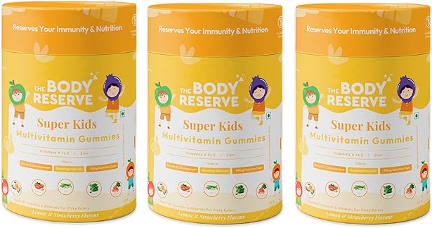 The Body Reserve Super Kids Multivitamin Daily Essential Vitamins B C D E B12 & Zinc for Kids Growth Development Strong Bones Teeth & Immunity Lemon & Strawberry Flavoured 90 Gummies (Pack of 3)