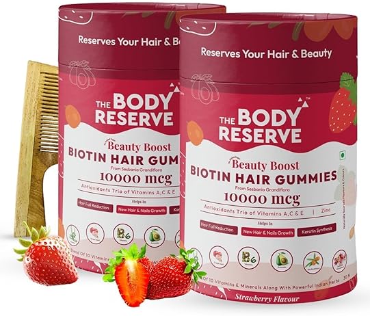 The Body Reserve DHT Blocker Biotin Gummies - Hair, Nails & Skin Health - Reduces Hair Fall For Men Women - Strawberry Flavor (60 Gummies, Pack of 2)