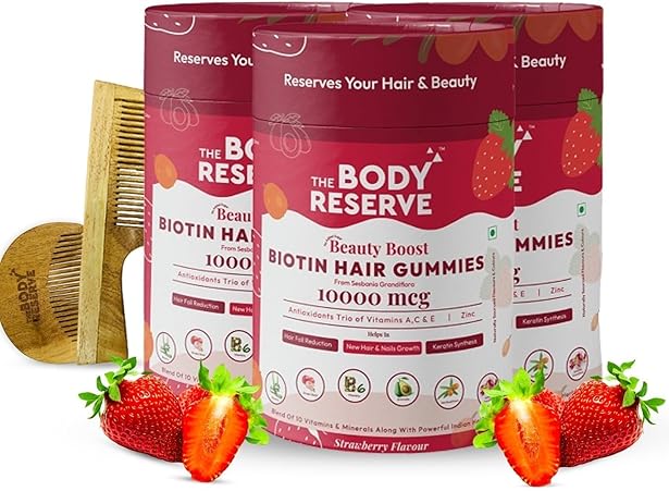 The Body Reserve DHT Blocker Biotin Gummies - Hair, Nails & Skin Health - Reduces Hair Fall For Men Women - Strawberry Flavor (90 Gummies, Pack of 3)